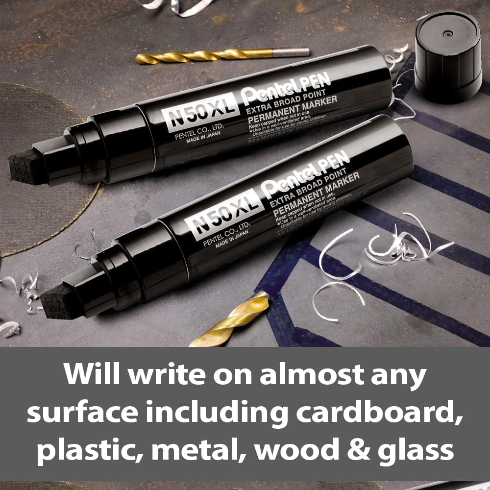 Pentel PEN Jumbo Permanent Marker Chisel Point Black Ink, Box of 6 Markers (N50XL-A) image number 2