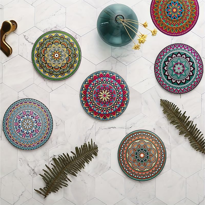 Drink Coasters round Absorbent Stone Coasters Set of 6 with Cork Base, Fun Drink Coasters with Stand for Cold Drinks, Wine Glasses and Cups Table Protection, 4 Inch image number 4