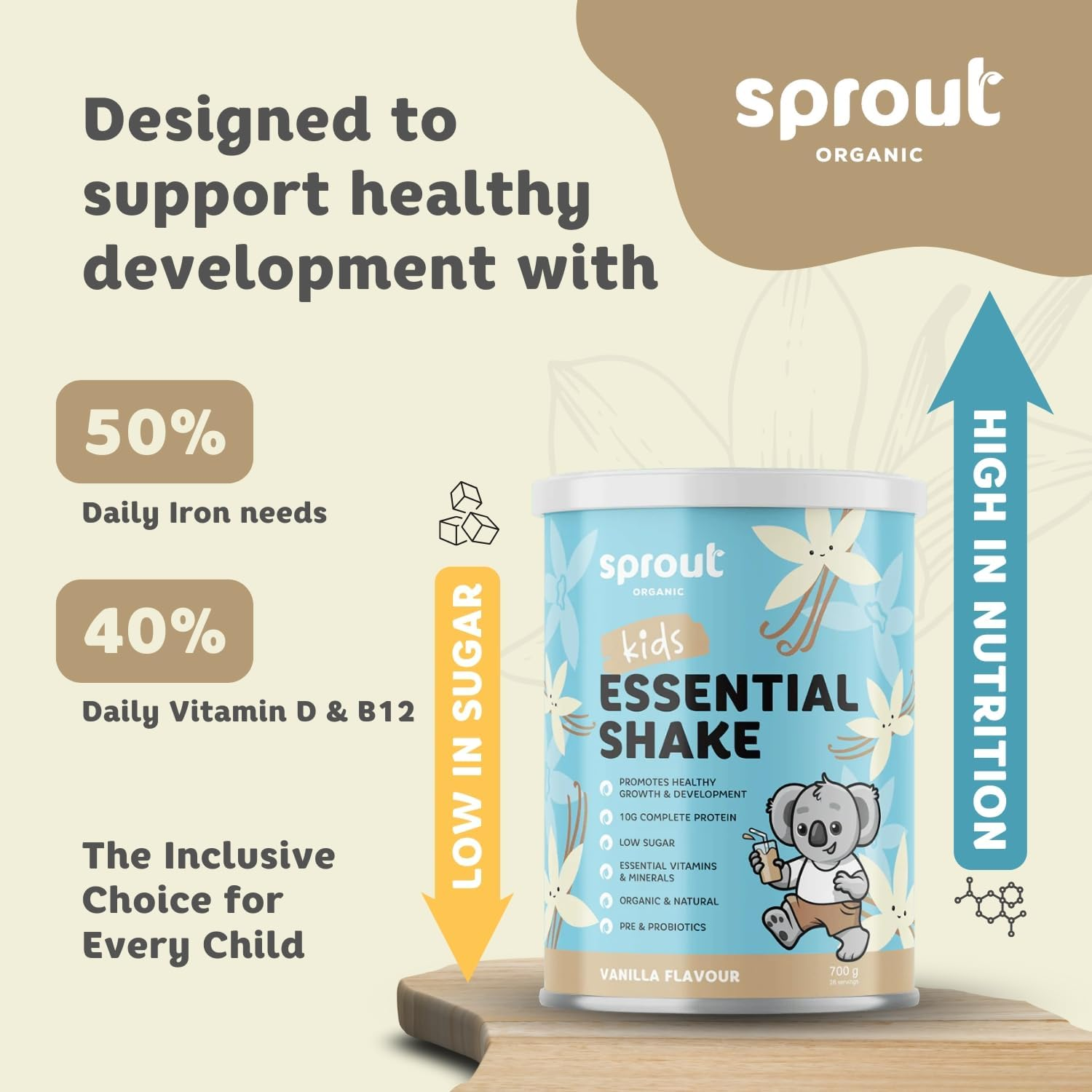 Sprout Organic Essential Shake, Toddler Nutrition Drink, Plant-Based Baby Formula for 12 Months and Above, Enriched with Iron, Vitamin D & B12, and DHA, Dairy-Free, Soy-Free, 700G, Vanilla image number 6