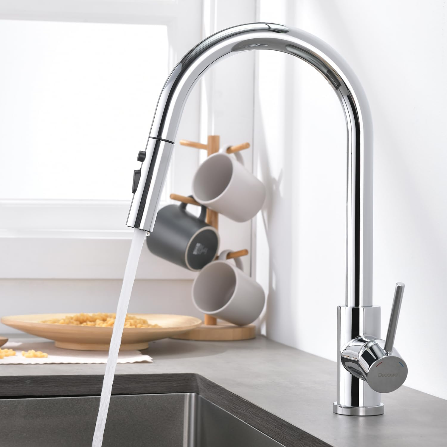 Decaura Polished Chrome Lead-Free Kitchen Mixer Taps Pull Out 3-Mode Metal Sprayer Laundry Sink Mixer Tap 360&deg; Swivel Spout (Chrome) - Chrome image number 6