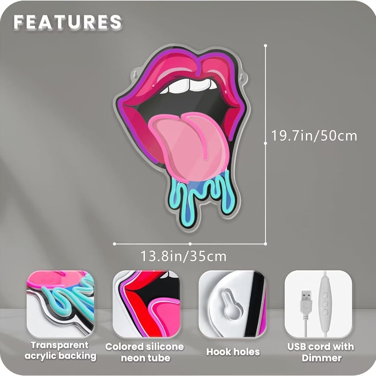 Lips Neon Sign, Dripping Lips Wall Art, Neon Lights LED for Wall Decor, Tasty UV Print Neon Sign for Bar Party Wedding Living Room Lounge image number 6
