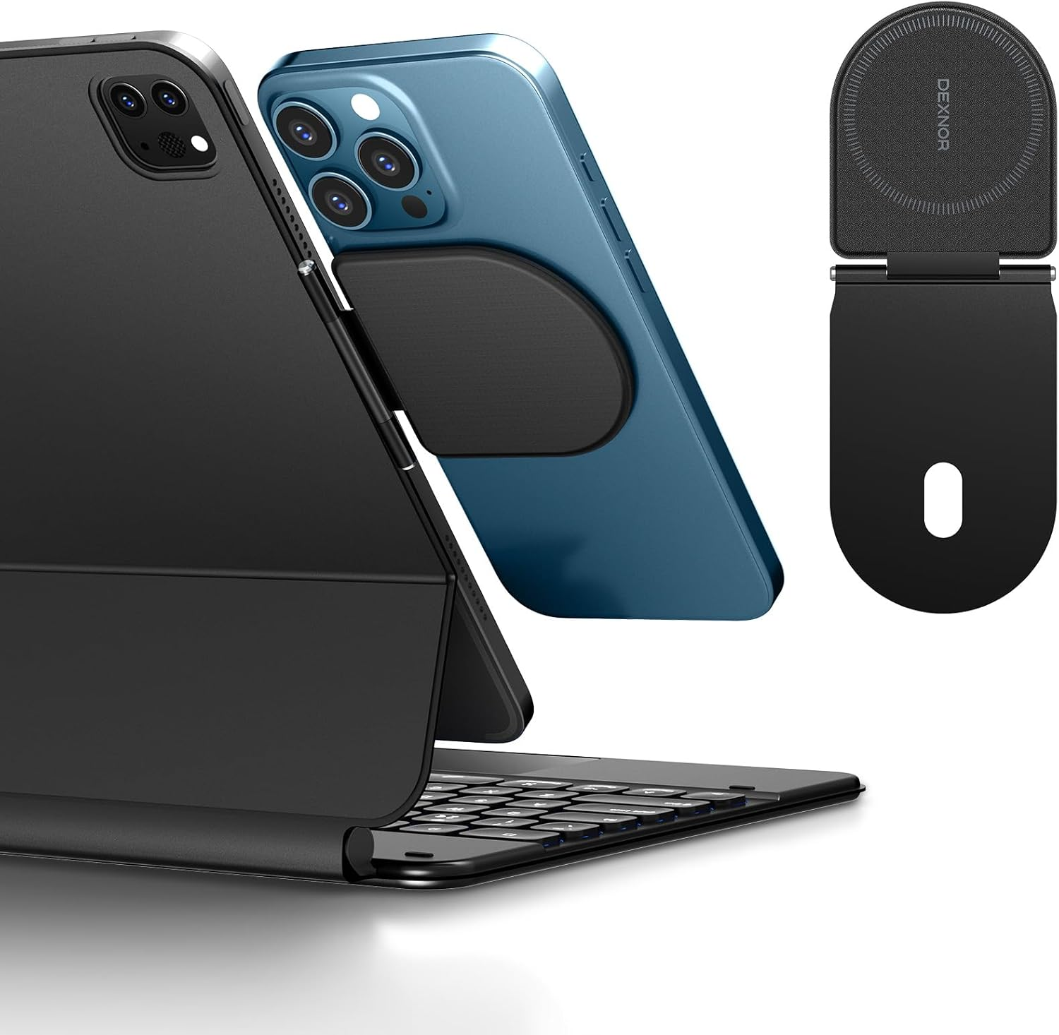 Dexnor Magnetic Phone Holder for Magic Keyboard, Compatible with Magsafe and Non-Magsafe Phone, Slim Portable Foldable Productivity Stand Mount for Ipad/Samsung Magnetic Keyboard Cases - Black