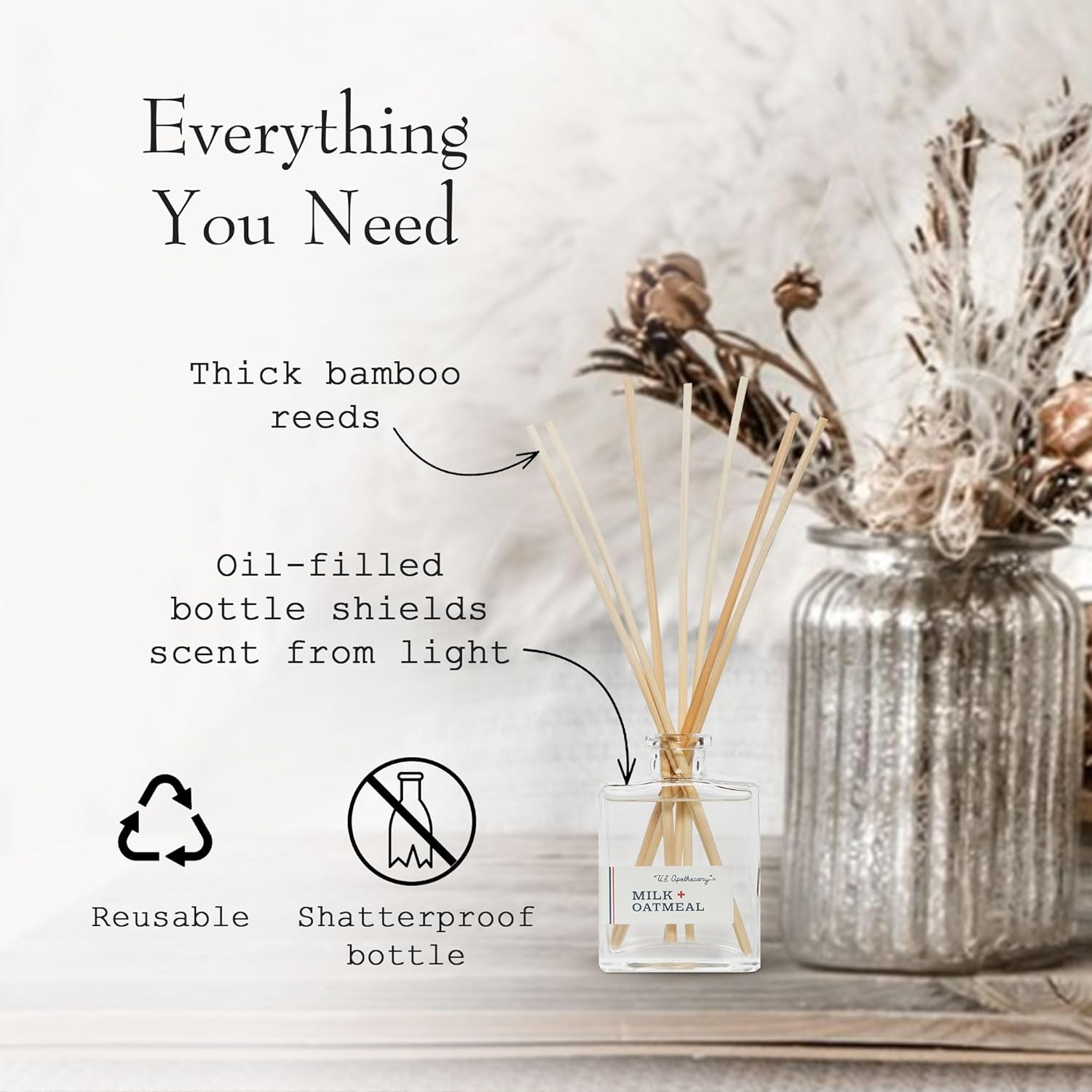 Milk & Oatmeal Scented Diffuser Kit, Creamy-Sweet Scent with Oatmeal Extract, Diffuser Sets for Home, All-Natural Fragrance for Women & Men, 8 Fl Oz image number 1