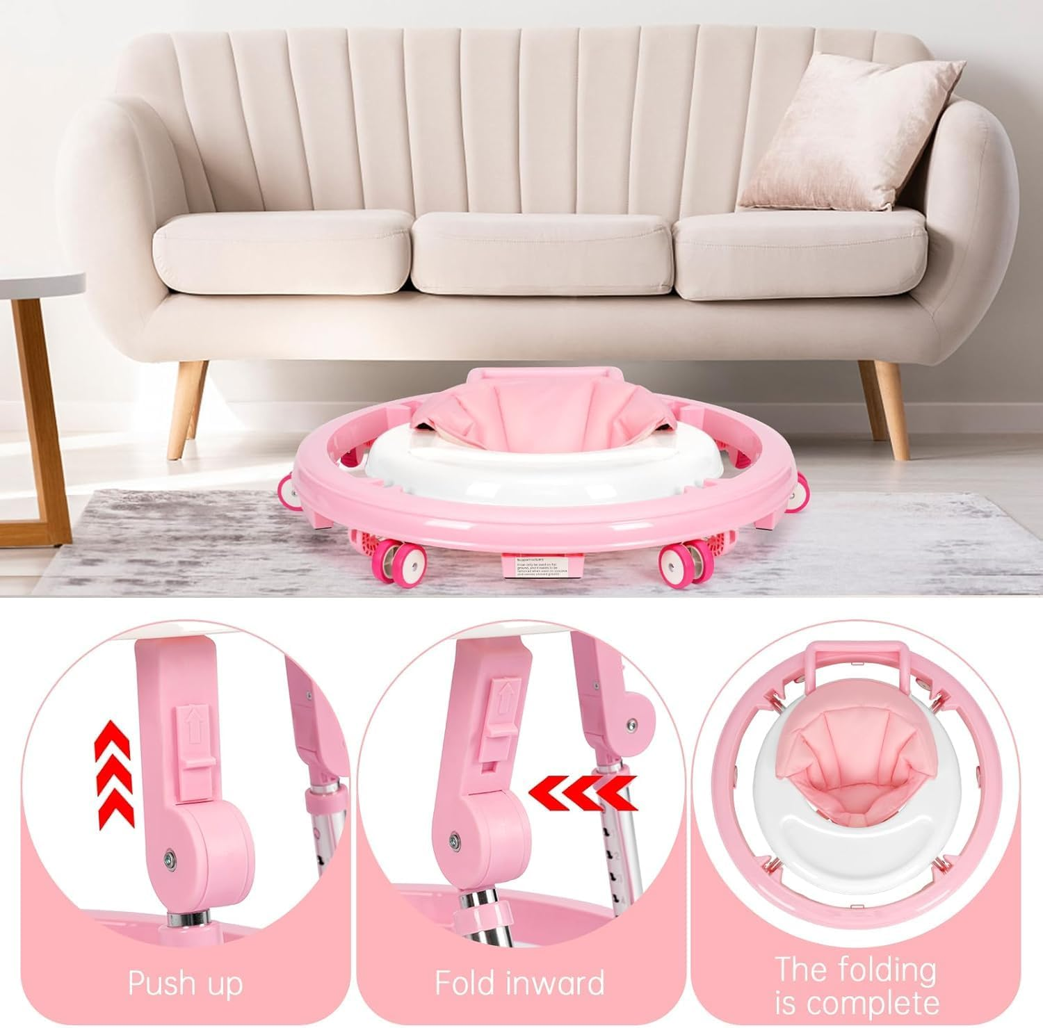 Baby Walker with Wheels Foldable, Portable Baby Walker with 9 Adjustable Heights, Infant Toddler Walker for Baby Boy Girls 6-18 Months (Pink) - Black image number 7