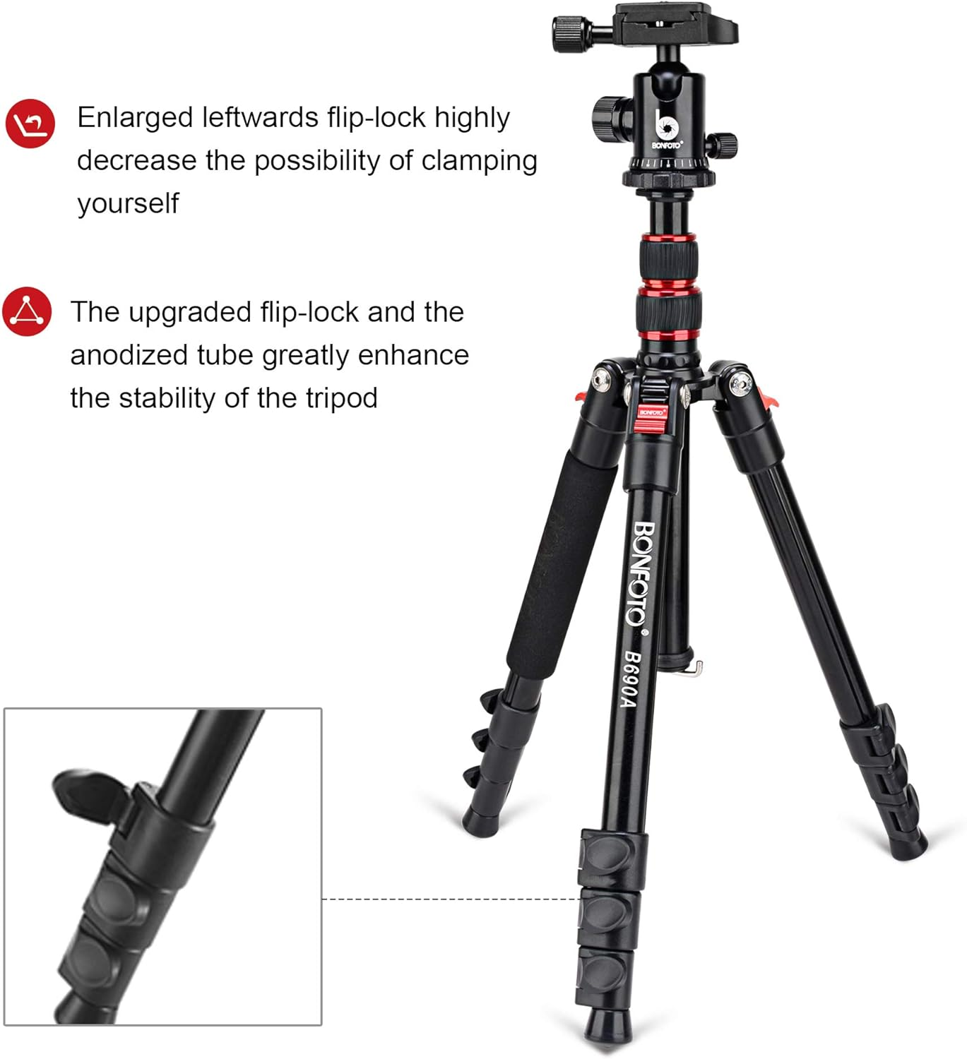 BONFOTO B690A Camera Tripod for Travel,Lightweight Aluminum Portable DSLR Tripod with 360 Degree Ball Head and Carry Bag, Camera Stand for Ring Light & Canon Nikon Sony DSLR image number 5
