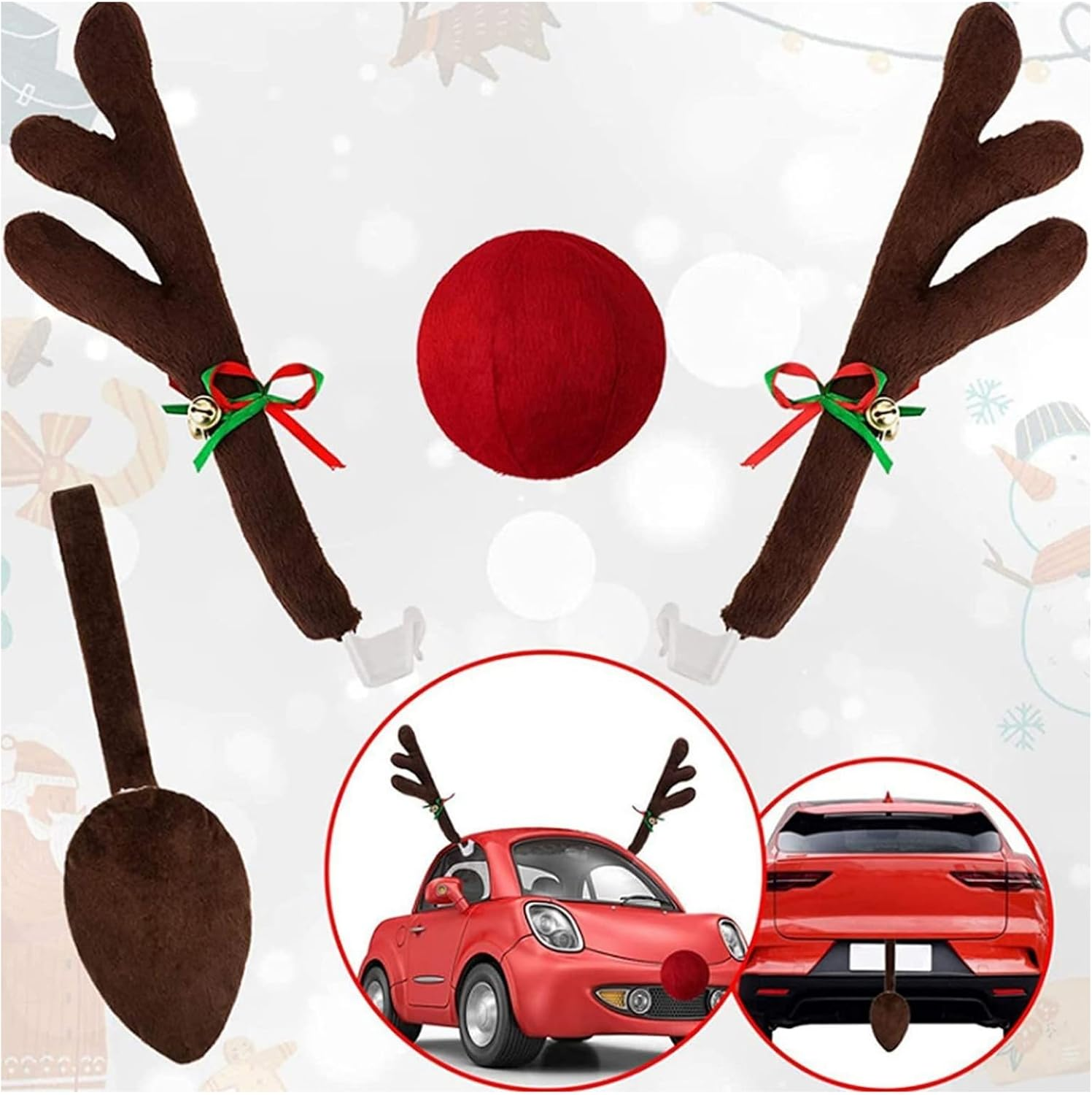 Car Reindeer Decorations with Car Jingle Bell Antlers Antlers, Nose, and Tail for the Trunk image number 2