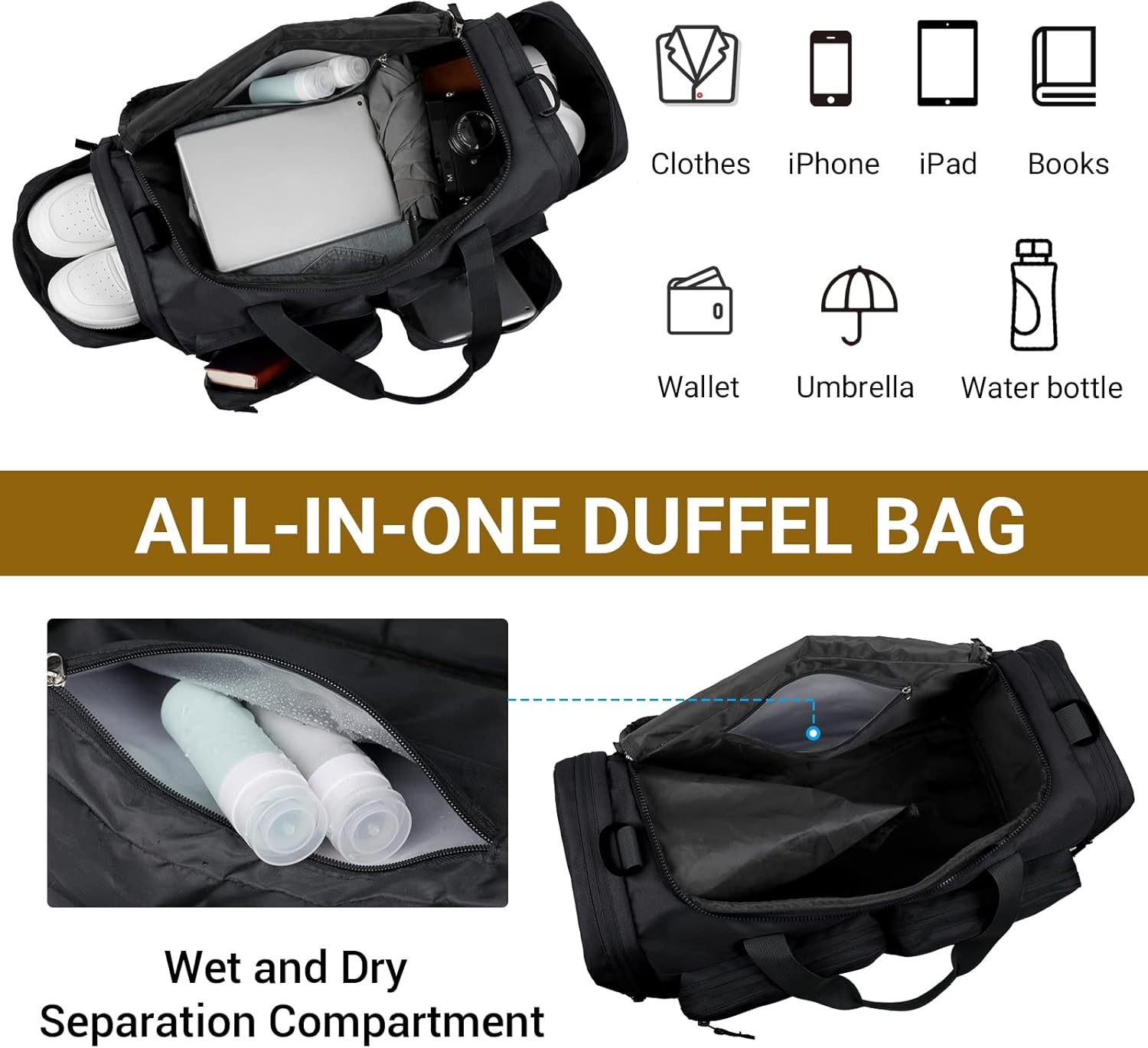Duffle Bag for Men Women 40L Waterproof Sports Duffels Bags Travel Gym Bag with Shoe Compartment,Wet Pocket Large Weekender Overnight Bag Hospital Holdalls,Black - Grey image number 6