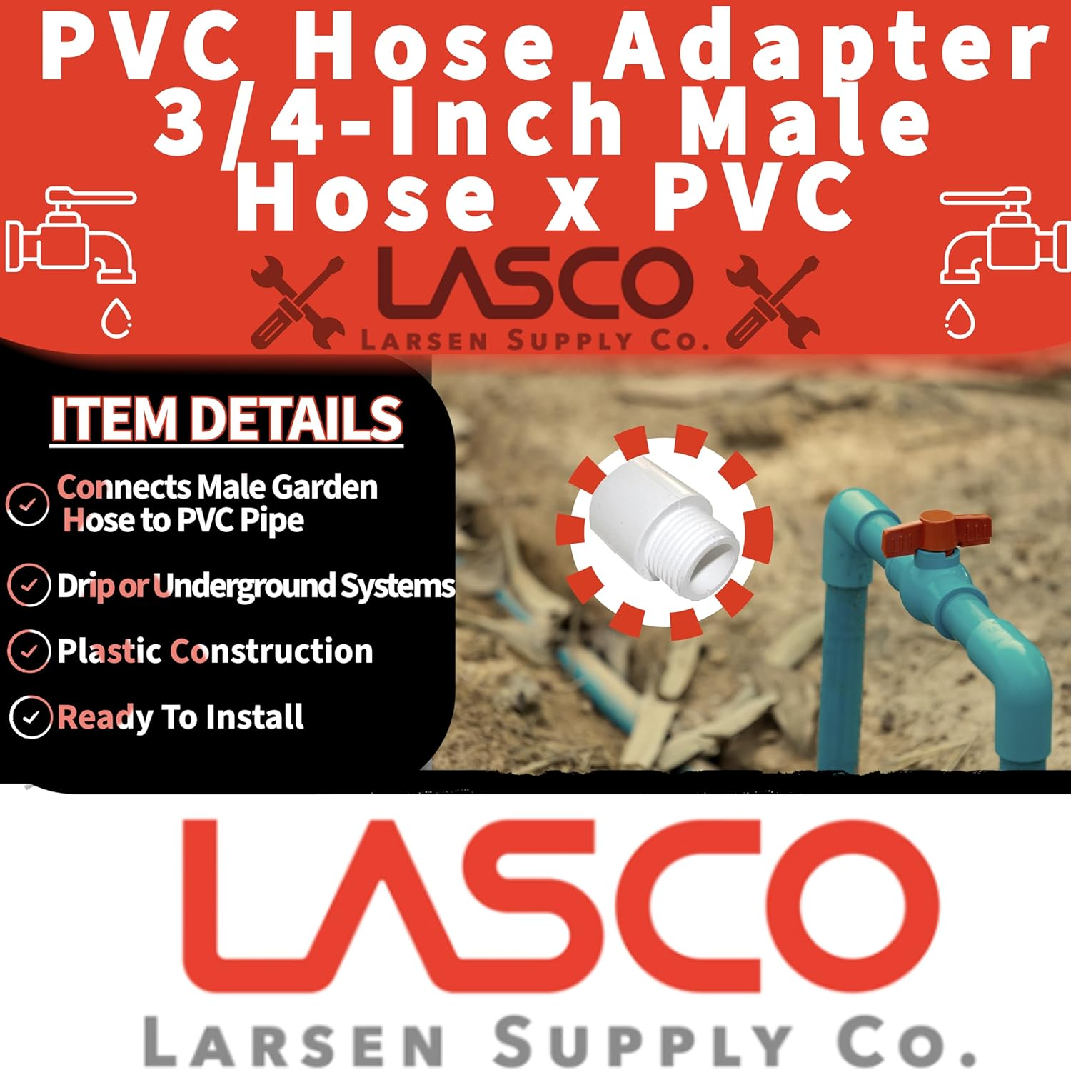LASCO 15-1643 PVC Hose Adapter with 3/4-Inch Male Hose Thread and 3/4-Inch PVC Pipe Glue Connection image number 4