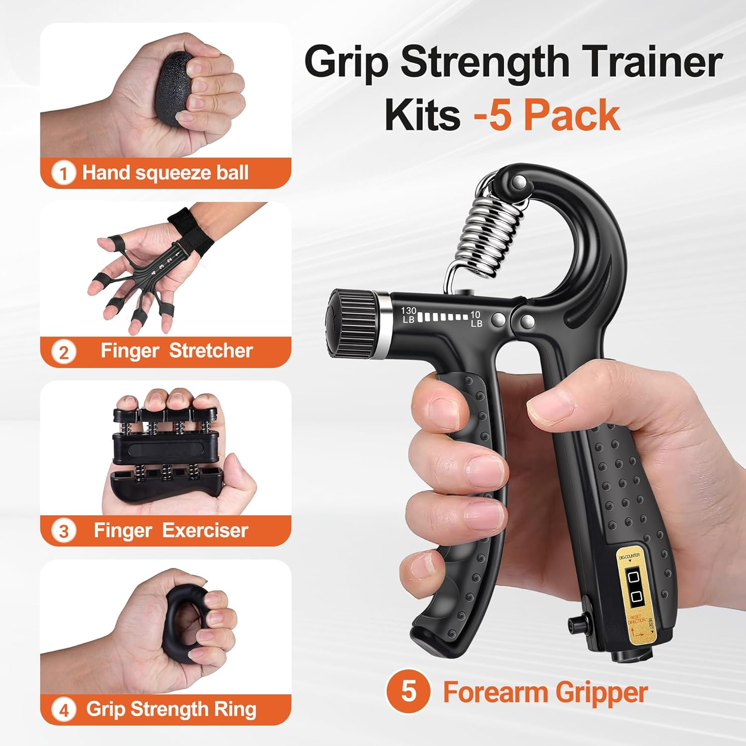 Strength Pro Grip Trainer Set (6-Pack) - Hand & Forearm Strengthener with Finger Stretcher & Stress Relief Ball - Portable Home Gym Equipment for Men/Women image number 5
