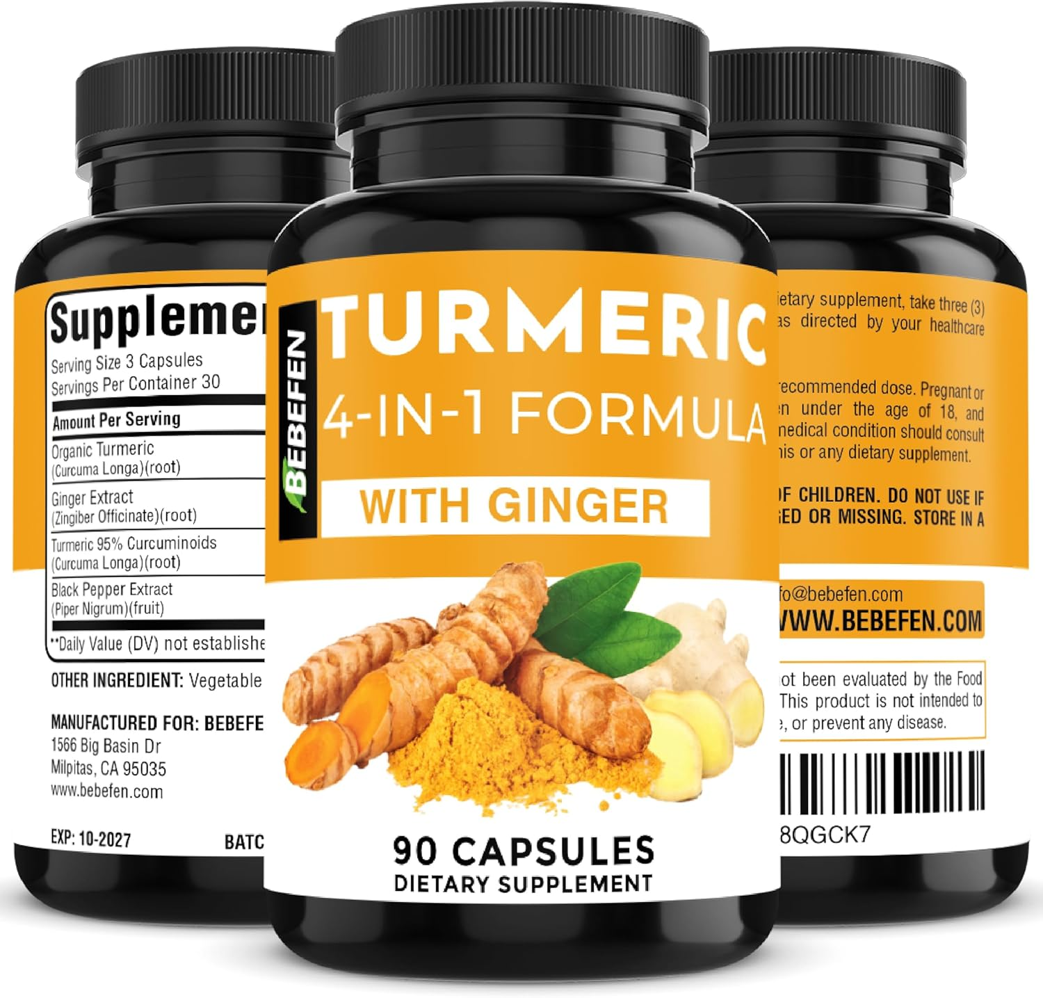 Turmeric Curcumin Supplement with Ginger | 95% Curcuminoids | and Black Pepper - 4In1 Turmeric Capsules - 90 Capsules image number 4