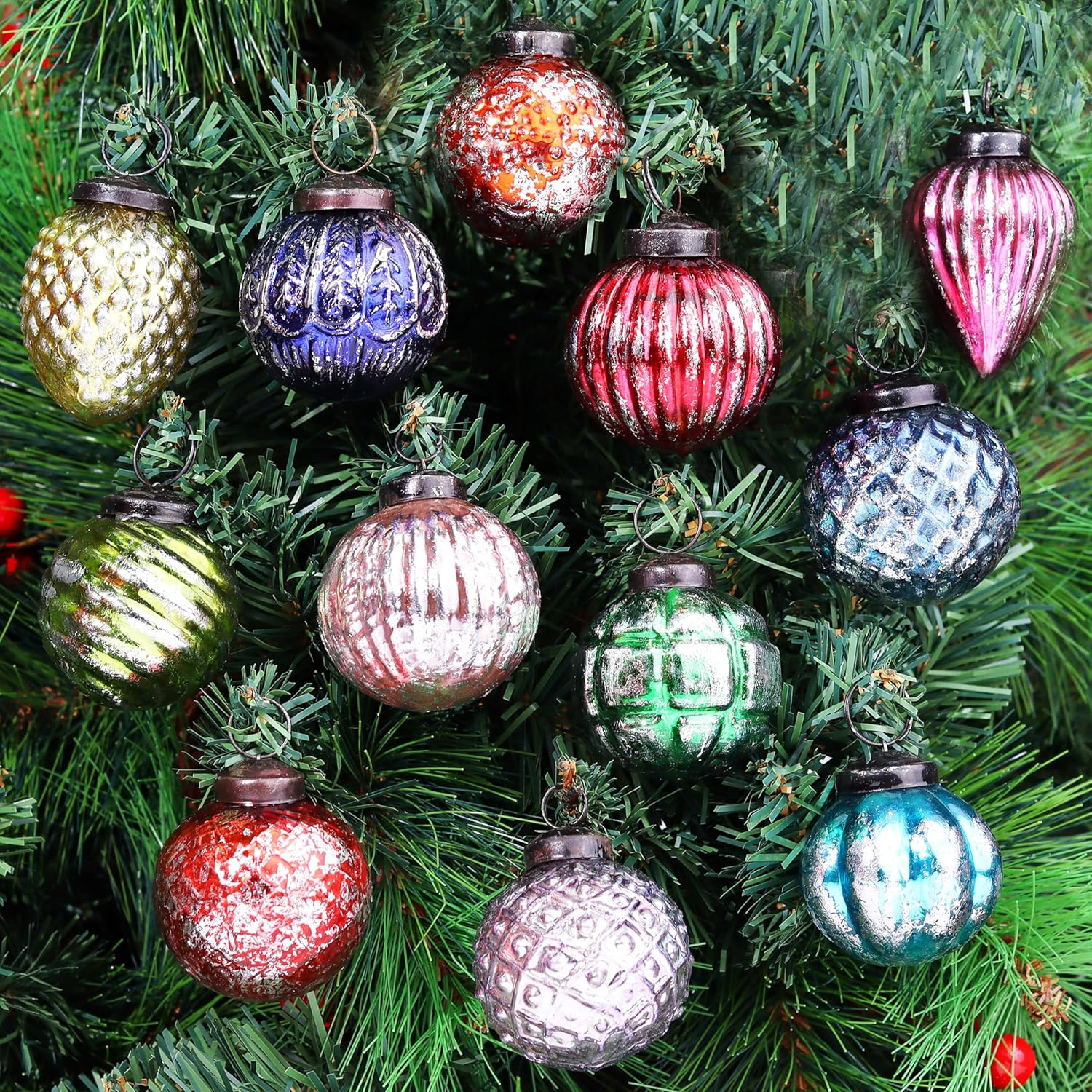 Indianshelf 12 Retro Vintage Unique Large Christmas Ornaments Multi Glass Christmas Balls for Christmas Tree, Halloween, New Year, Valentine Day, Holidays, Event & Wedding Party Decor- 2"