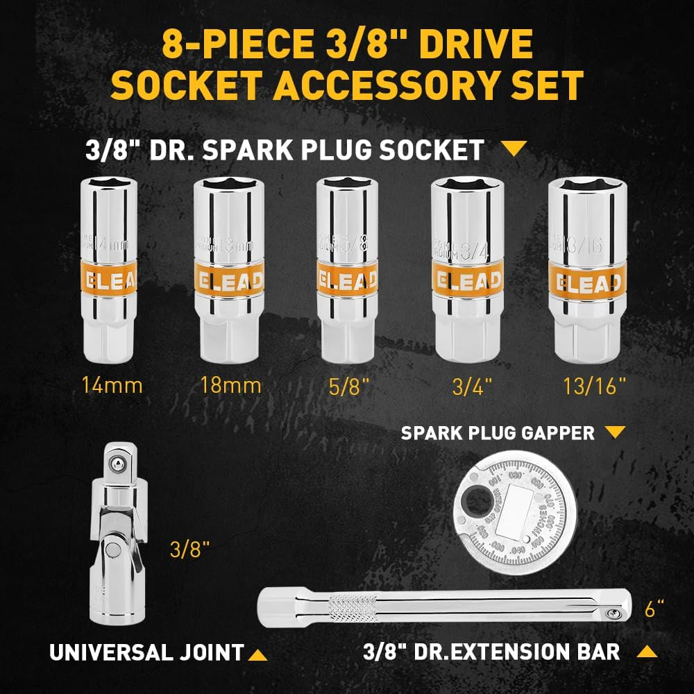 8-Piece 3/8" Drive Spark Plug Socket Set with Universal Joint, Spark Plug Gapper and 6" Extension Bar, SAE & Metric, 5/8", 3/4", 13/16", 14Mm, 18Mm, CR-V Sockets with Rubber Holding Rings image number 1
