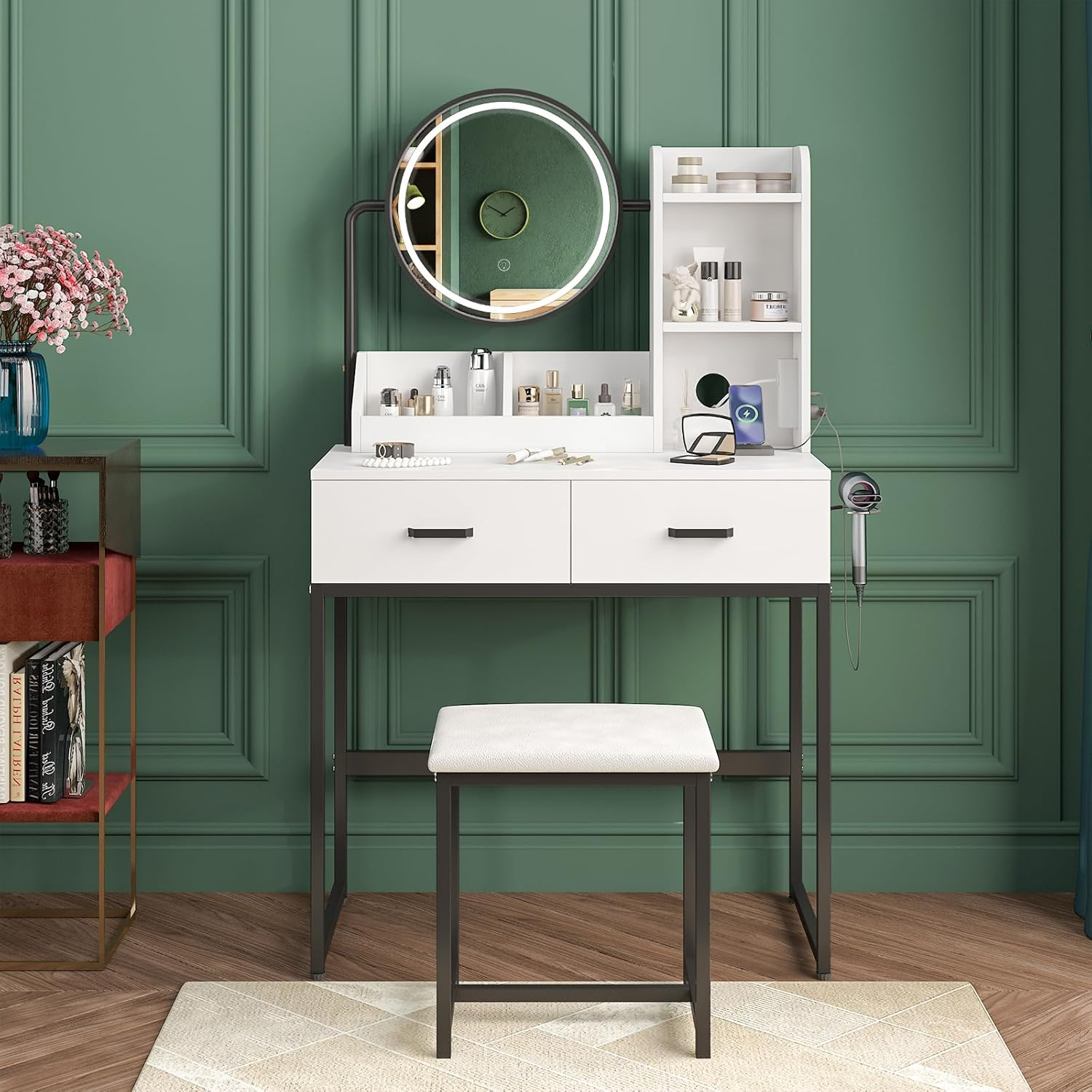 Ufurniture Makeup Vanity Desk Stool Set with LED Light and Charging Station, Dressing Table with 360&deg;Rotating Mirror, Drawers Trays and Shelves Storage for Bedroom, Metal Frame (White Golden)