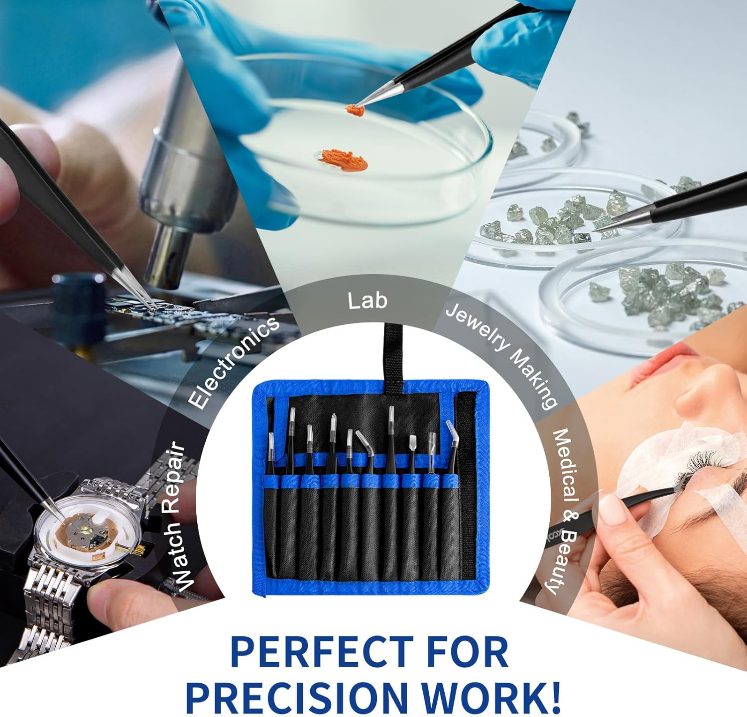 Precision Tweezers Set, XOOL 10 PCS ESD Tweezers Set, Anti-Static Stainless Steel Tweezers Kit, Multi-Standard Stainless Steel Tweezers for Lab, Electronics, Jewelry and Detailed Work image number 6