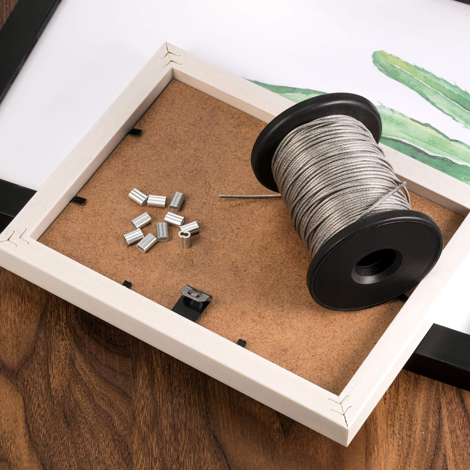 Chengu Vinyl Coated Picture Frame Hanging Wire, Stainless Steel Wire Spool with 20 Pieces Aluminum Crimping Loop Sleeve, Supports up to 110 Lbs (1.5 Mm X 164 Feet) image number 3