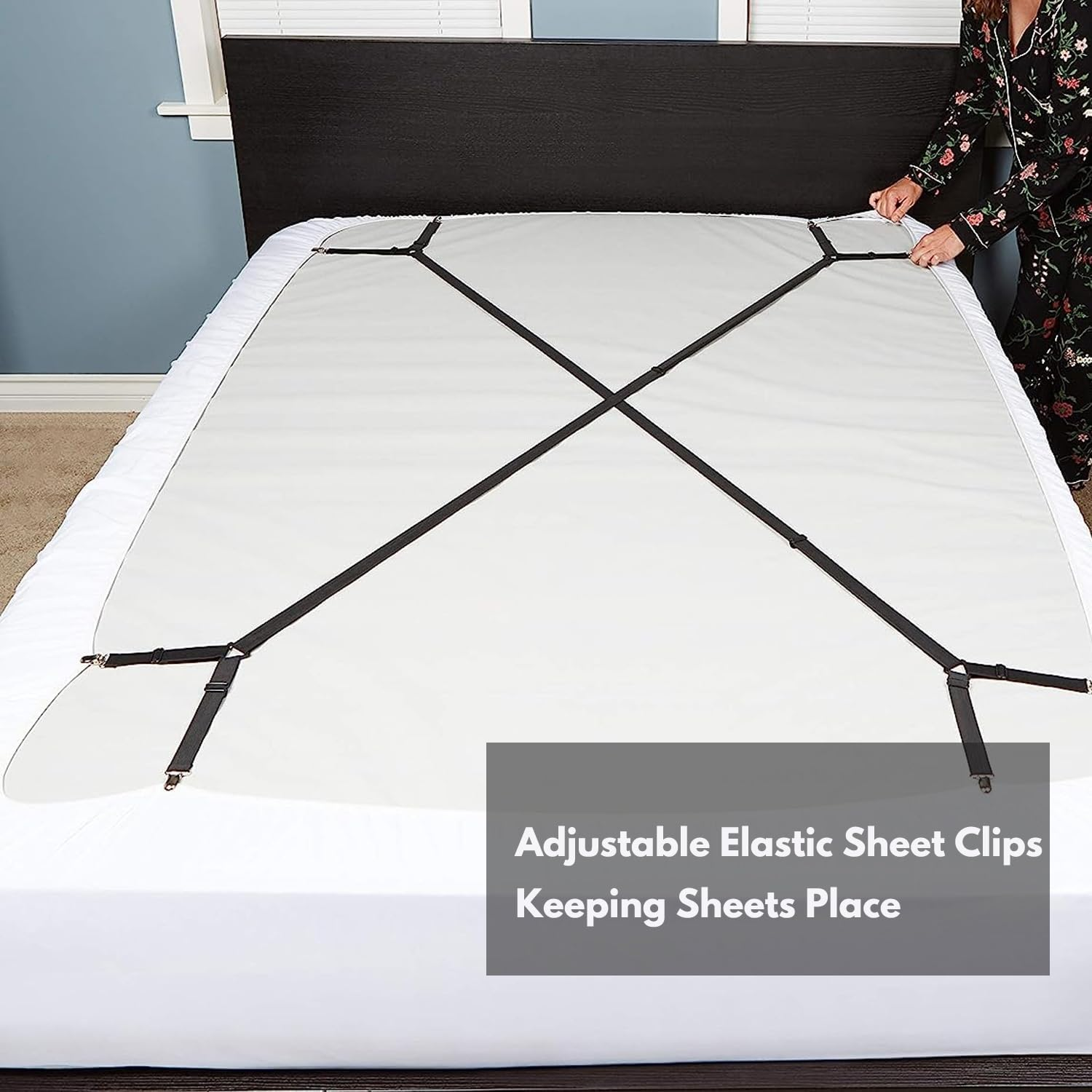 H HOME-MART Sheet Suspenders - 2Pcs Adjustable Fitted Sheet Holder Straps, Clips, Fasteners - Crisscross Elastic Band Bed Sheet Clips for Secure Fit image number 4