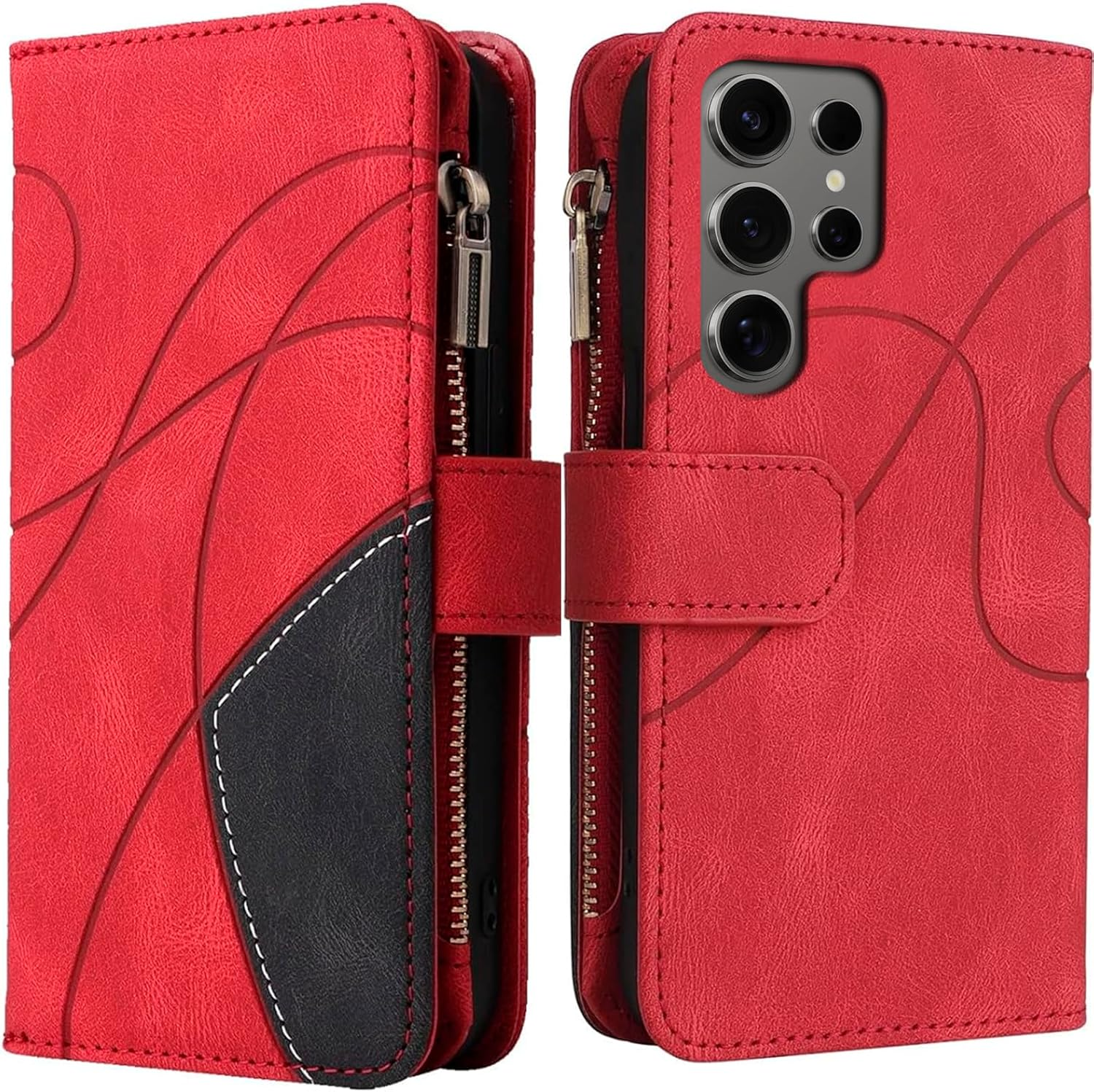 Design Piece of Leather-Like Wallet Phone Case for Samsung S24 Ultra with 5 Card Slots, Zipper Pocket, Kickstand and Magnetic Lock image number 1