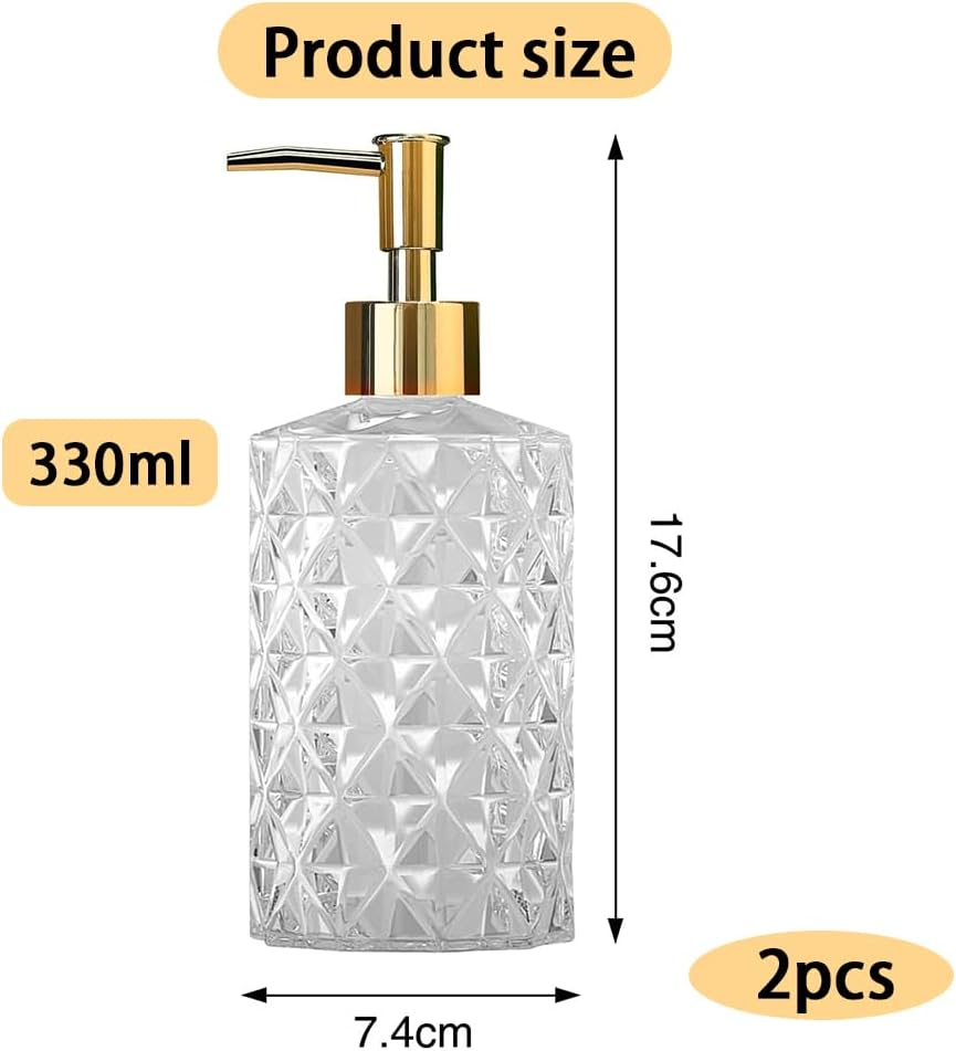 2 Pack 12Oz Diamond Hand Soap Dispenser, Clear Glass Soap Dispenser with Gold Pump, Refillable Lotion Dispenser & Dish Soap Dispenser, Bathroom Soap Dispenser for Liquid, Shower Gel image number 2