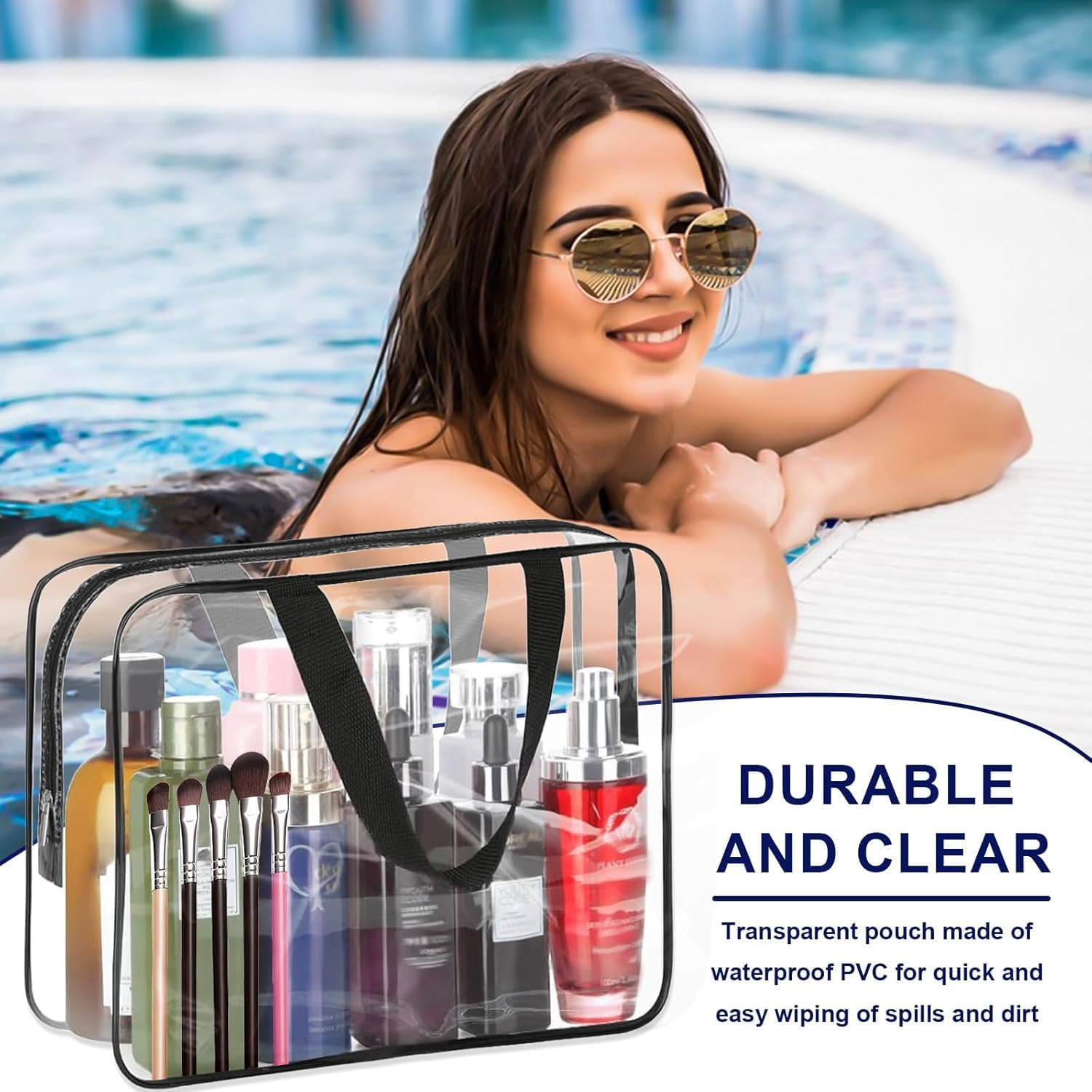 Clear Toiletry Bags - 4 Park Clear Plastic PVC Tote Bags with Zipper Handle - Portable Travel Luggage Pouch - Beach Vacation, and Bathroom (Black) image number 5