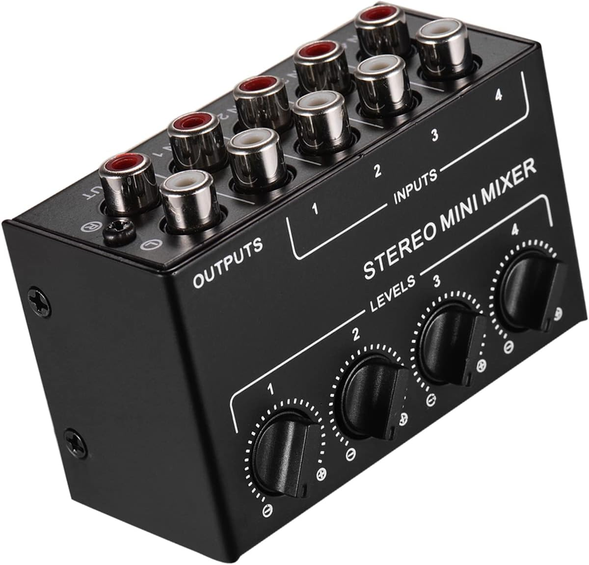 Stereo Mini Mixer, Mini Stereo Audio Mixer with 4-Channel RCA Inputs Separate Volume Controls Full Metal Shell image number 4