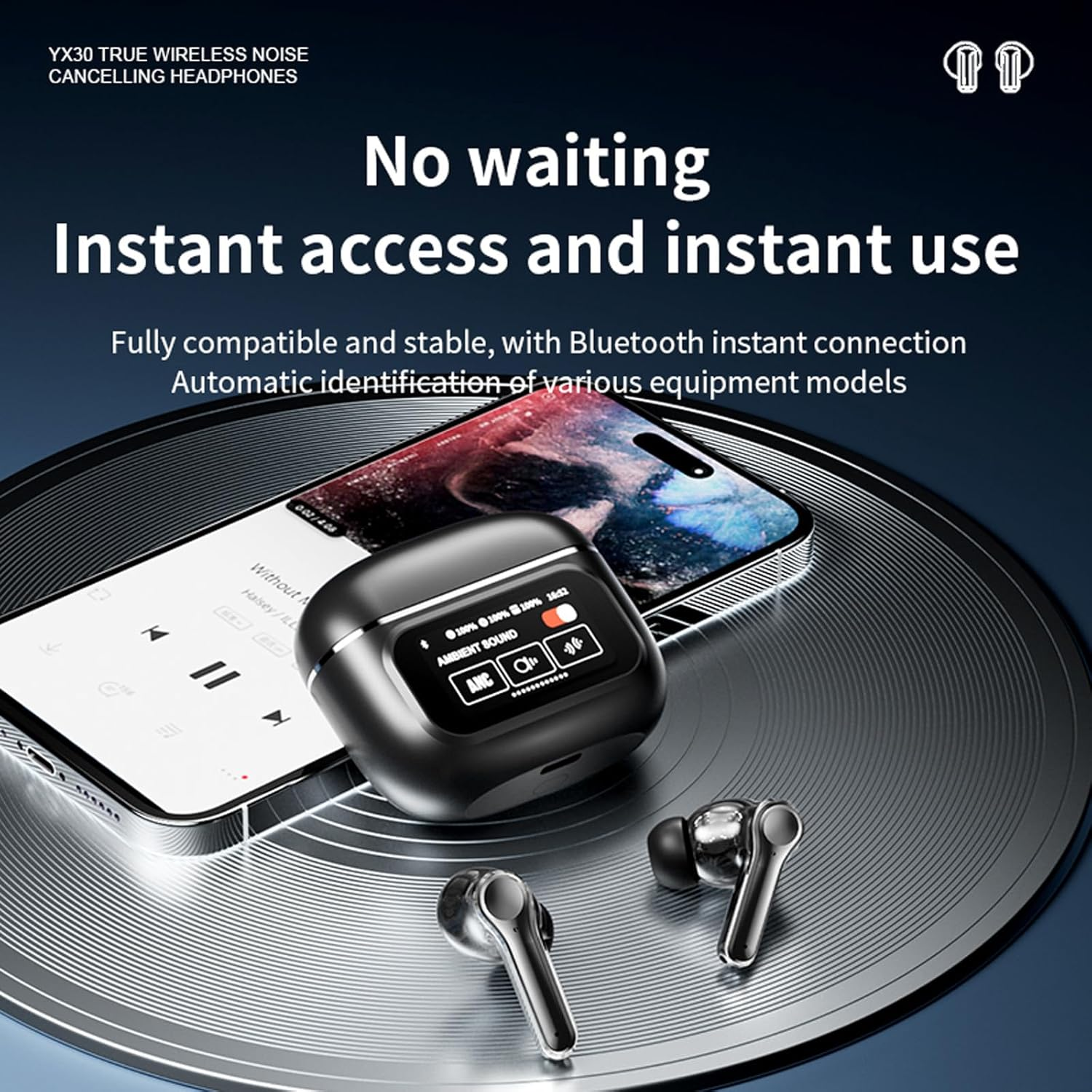 Wireless Bluetooth Headphones with Noise Cancelling Wireless Earbuds Noise Cancelling Headphones with Touchscreen In-Ear ANC Headphones with Screen Wireless Earphones In-Ear Headphones - Black image number 3