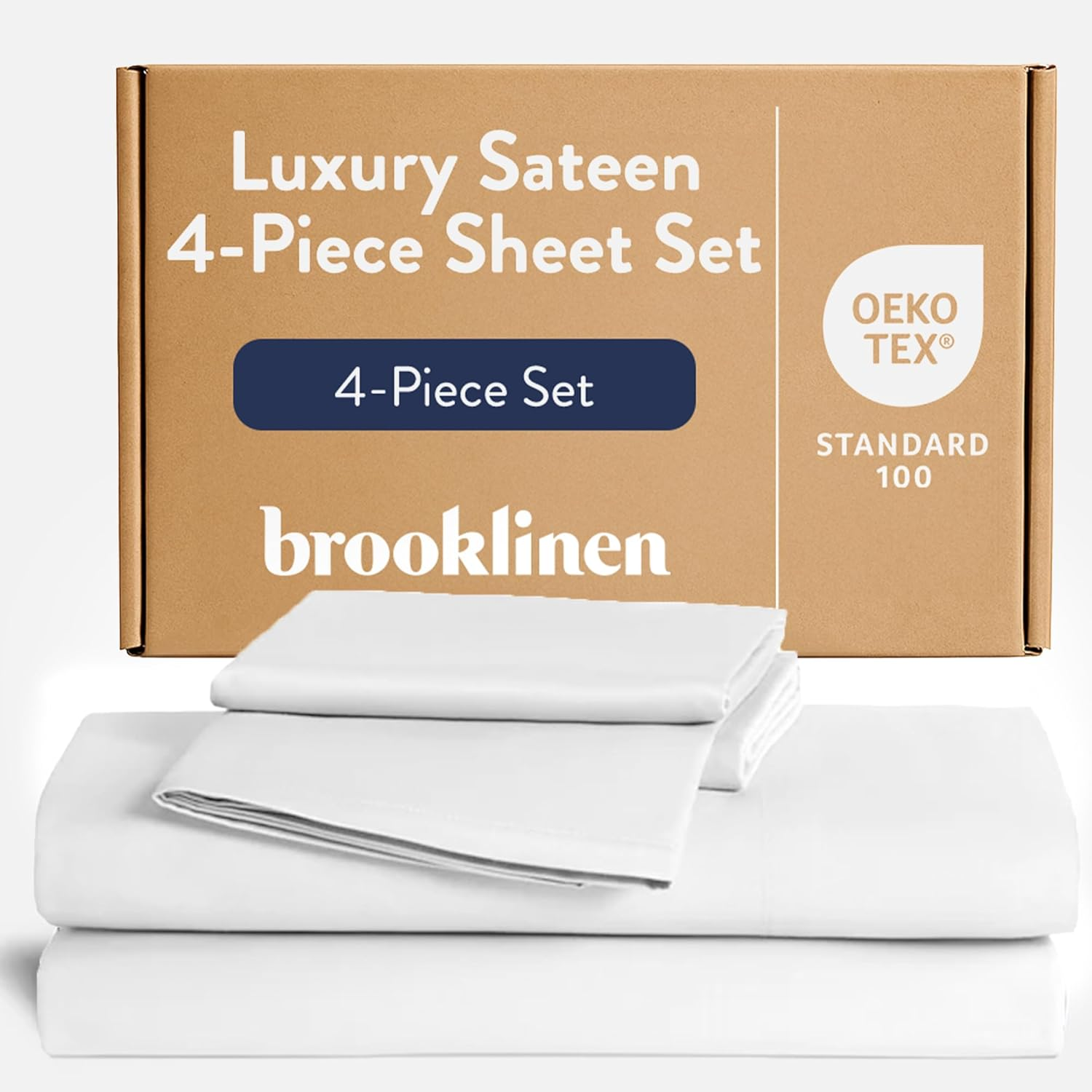 Brooklinen Luxury Sateen 4 Piece Sheet Set - 100% Cotton Bed Sheets, Soft & Durable California King Size Sheets Set in White, Oeko-Tex Certified Bedding Set,1 Fitted Sheet,1 Flat Sheet,2 Pillowcases