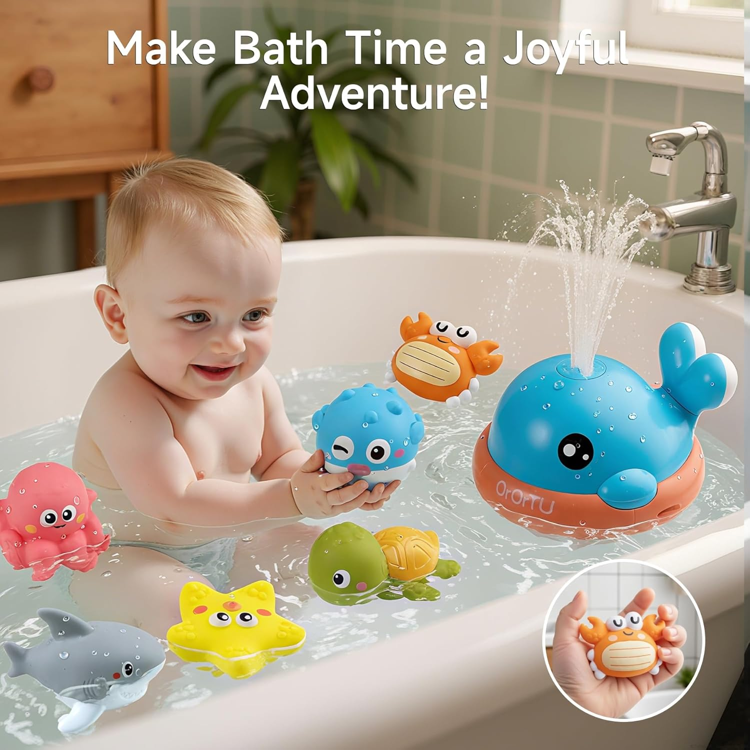 OR or TU Light up Whale Sprinkler Bath Toys for Baby Toddler, Mold Free No Hole Animal Bathtub Toys Set Water Toy for Kids 18M+