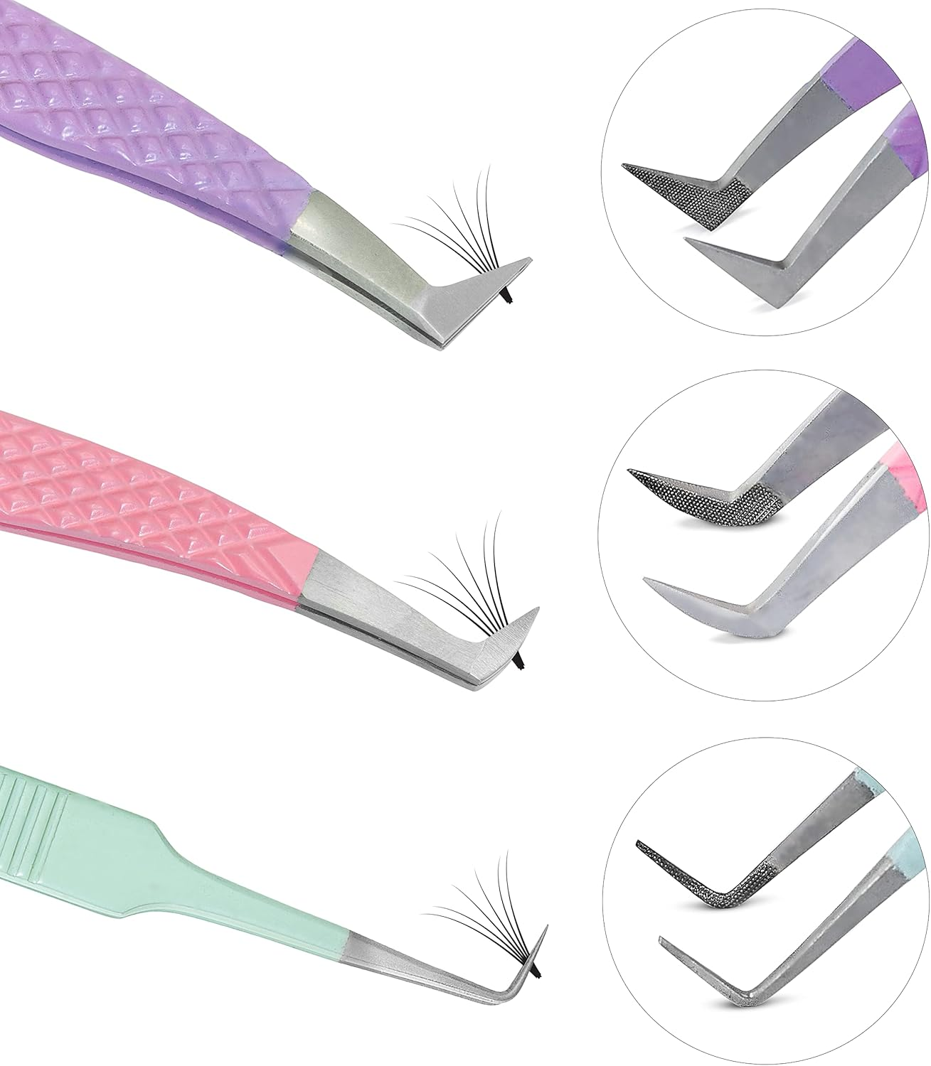 SIVOTE Lash Tweezers for Eyelash Extensions Fiber Tips, Set of 3, Volume, Volume Boot, 90 Degree Tweezers, Pastel Colors