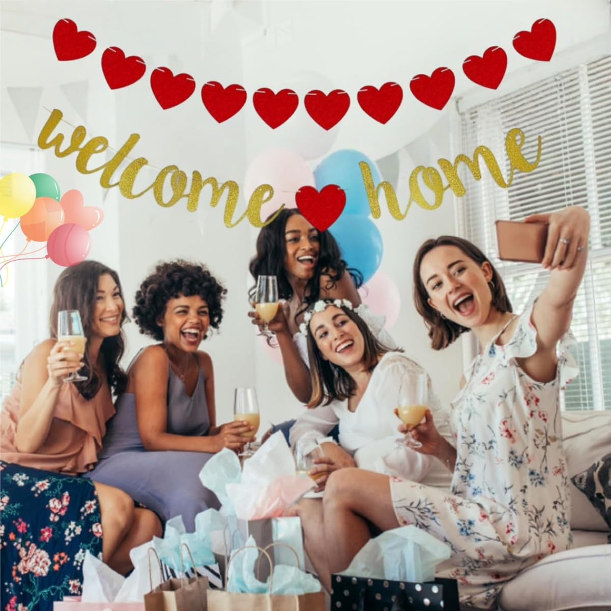 Welcome Home Banner, Welcome Home Decorations Banners Flag, Pre-Strung Shiny Party Decoration with Heart Garland, Housewarming, Family Reunion,Rustic Bunting Garland Family Gathering Photo Booth Props image number 4
