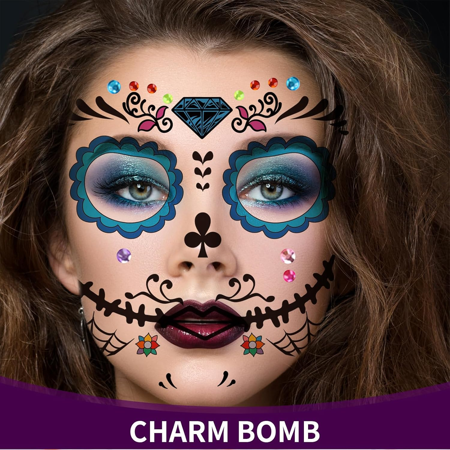 Pack of 8 Halloween Face Tattoos for Adults, Temporary Tattoos with Skull Vampire Motifs and 1 Rhinestone Tattoo, Pumpkin Costume Accessories for Cosplay Party