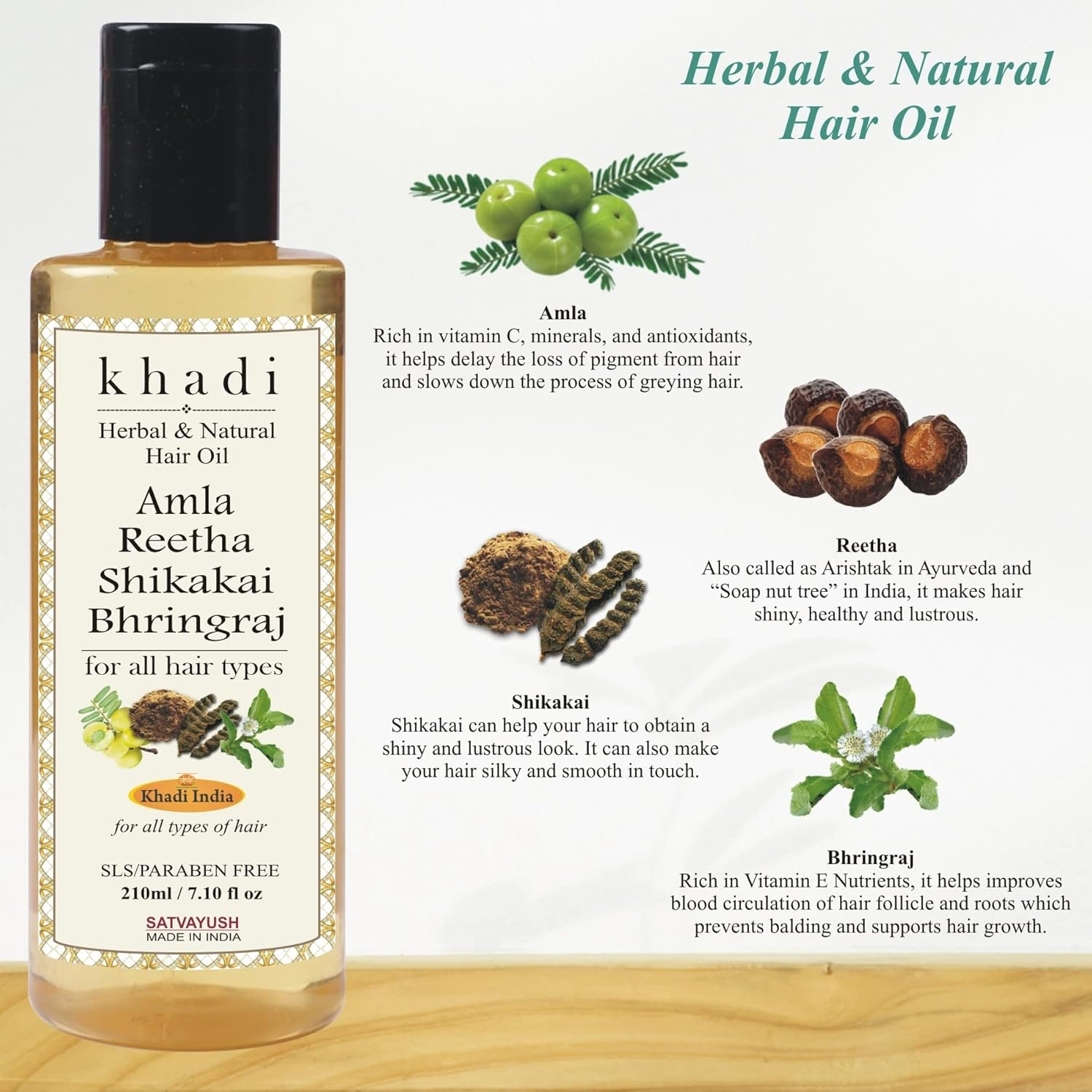 Satvayush Khadi Hair Oil - Amla Reetha Shikakai Bhringraj Paraben and Mineral Oil Free- 210 Ml image number 2