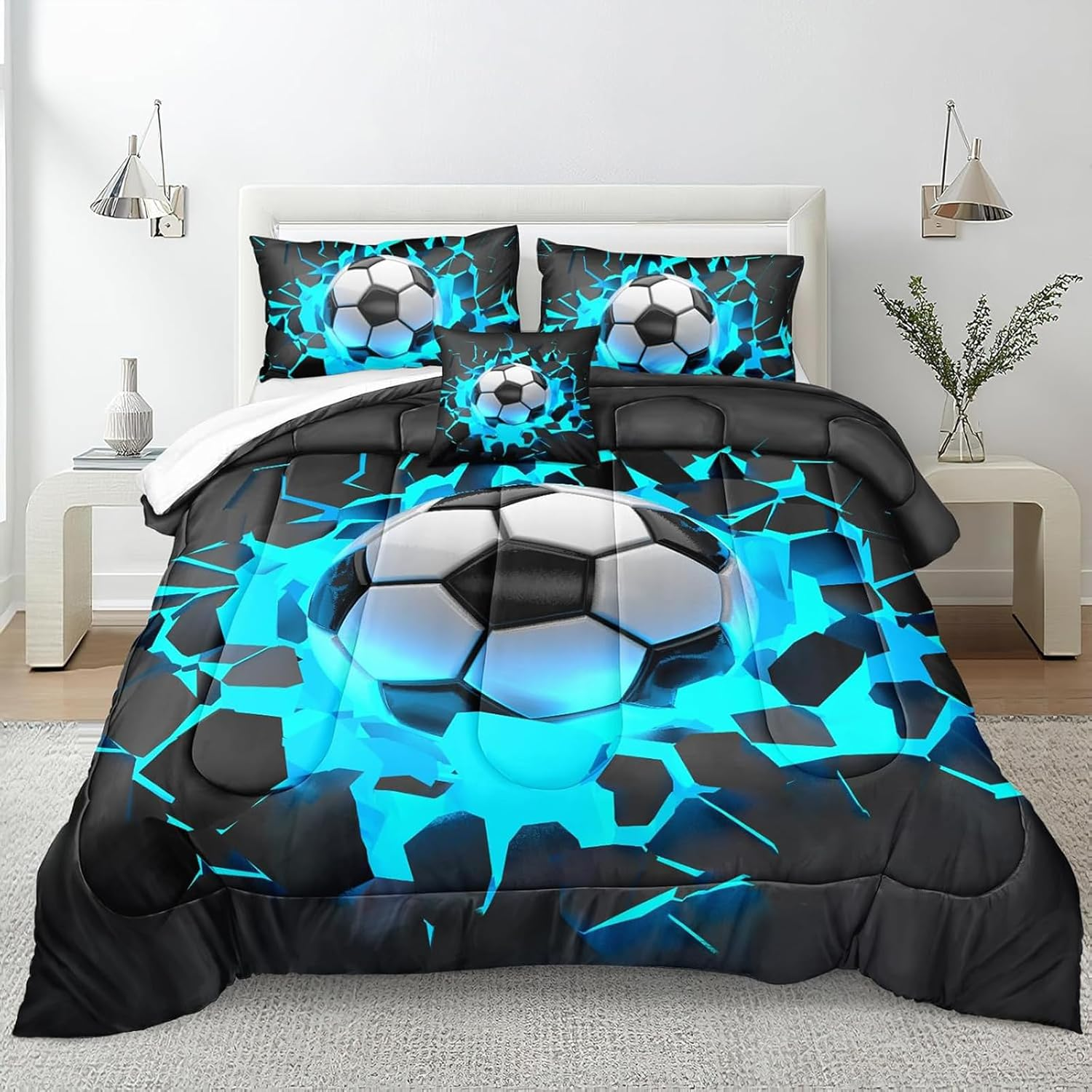 Tabeskly Kids Boys Black White Blue Football Soft Zipper Bed Bedding Duvet Cover Set Single 135&times;200Cm image number 6