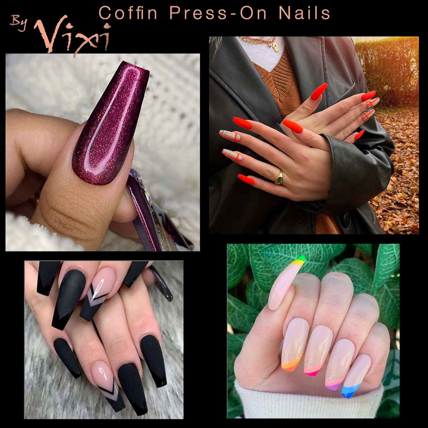 By Vixi 500 LONG COFFIN/BALLERINA NAIL SET with PREP FILE, 10 Sizes - Opaque Express Full Cover False Fingernail Extensions for Salon Professionals & Home Use - Coffin Short image number 2