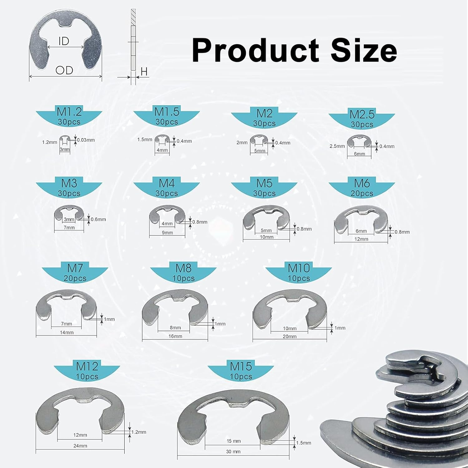 E-Clip Retaining Rings Assortment Set,290Pcs 304 Stainless Steel 1.2-15Mm,13 Different Sizes E Circlip Retainer Rings for Projects Car Engines,Locking Mechanisms and Other Shafts image number 3