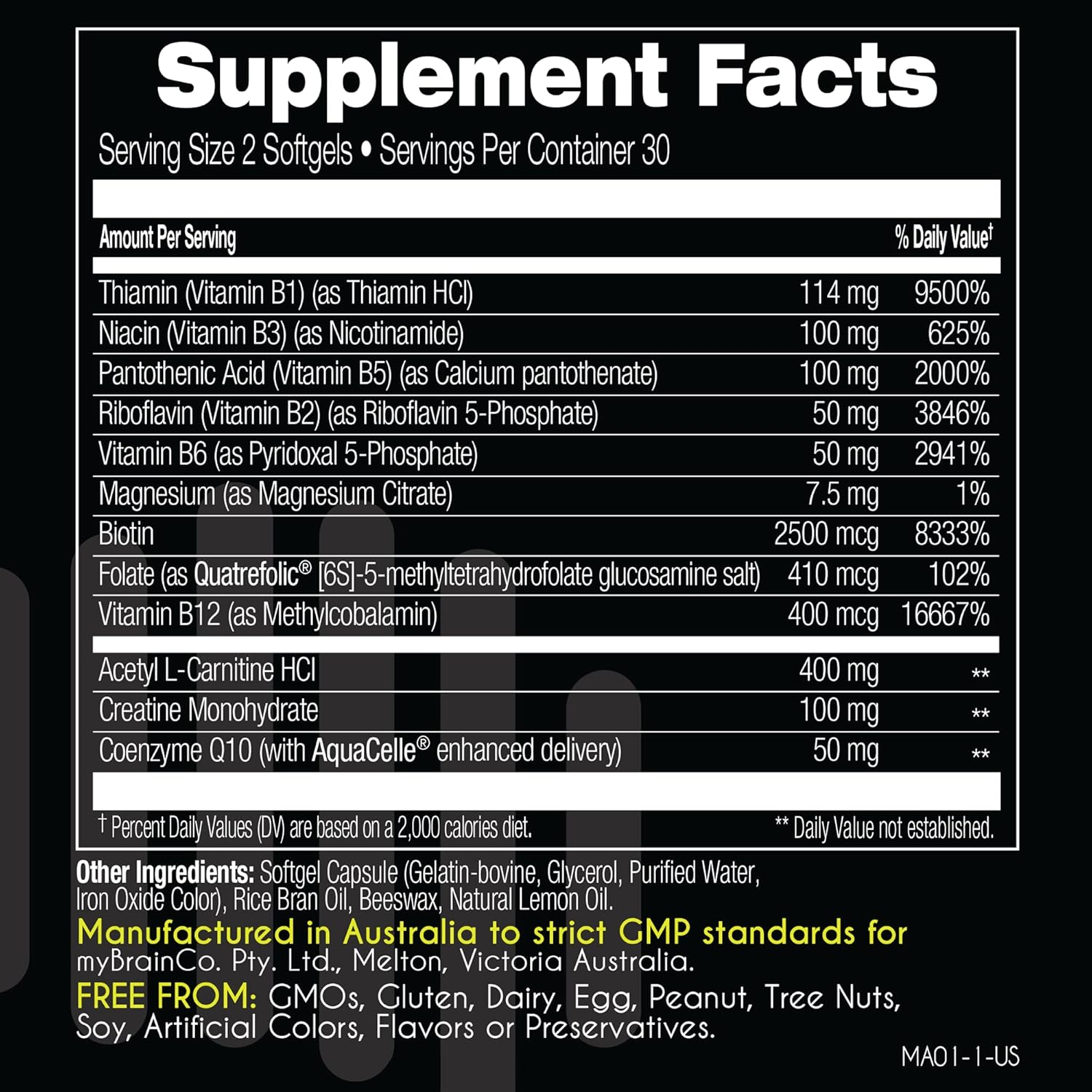 Mybrainco Active-B Complex Supplement - High Strength Activated Vitamin B Complex - Potent B2, B6, B12 Vitamins and Methyl-Folate Supplement to Support Cellular Energy and Cognition (60 Vege-Capsules)