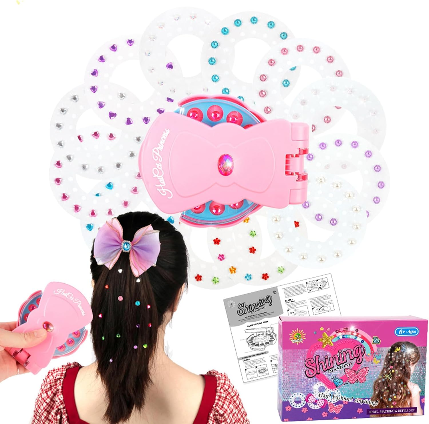 Hair Kit with Rhinestones, Hair Bling Gems for Girls, Bling Bling Hair Gem Stamper with 180 Gems,Diamonds Stapler Tool for Hair（Pink） image number 1