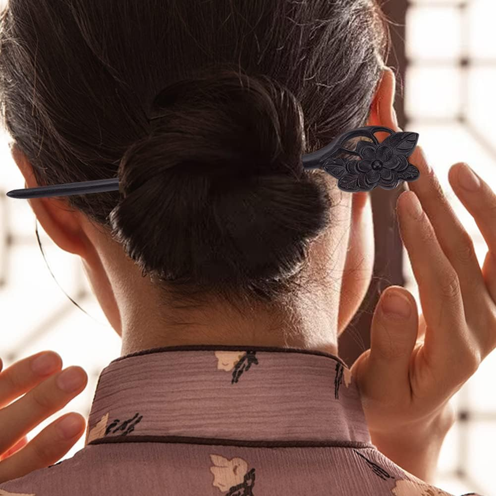 WEBEEDY 2 PCS Handmade Carved Wooden Hairpin Wooden Hair Stick for Buns Hair Fork Vintage Chinese Hair Chopsticks for Women Long Hair Handmade Gifts Hair Accessories (Lotus,Plum Blossom) image number 4