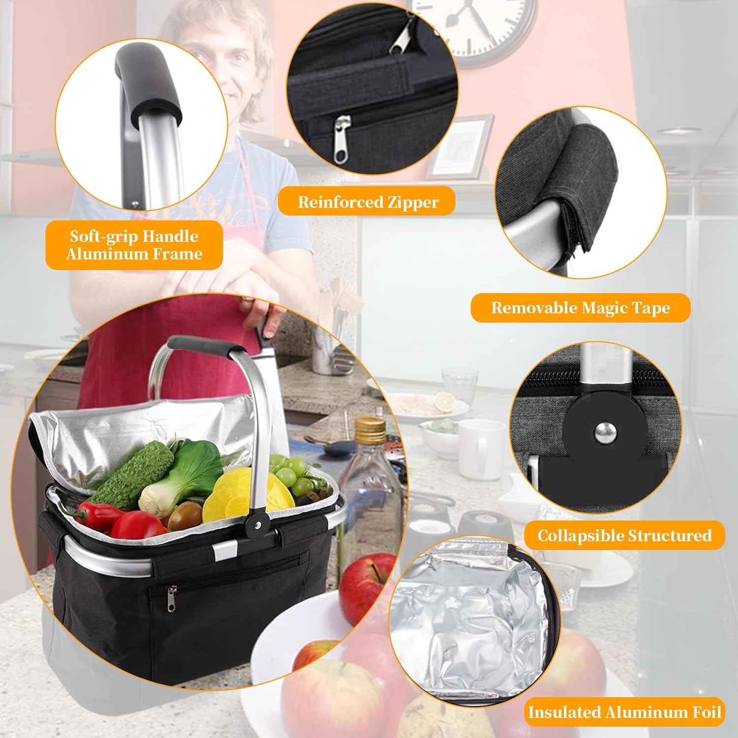 Insulated Picnic Basket with Handles, Portable Foldable Picnic Hamper, Collapsible Cooler Lunch Bag, Market Tote Bag, Food Storage Basket for Picnic Food Delivery Take Out Market Shopping Travel (BK) image number 5