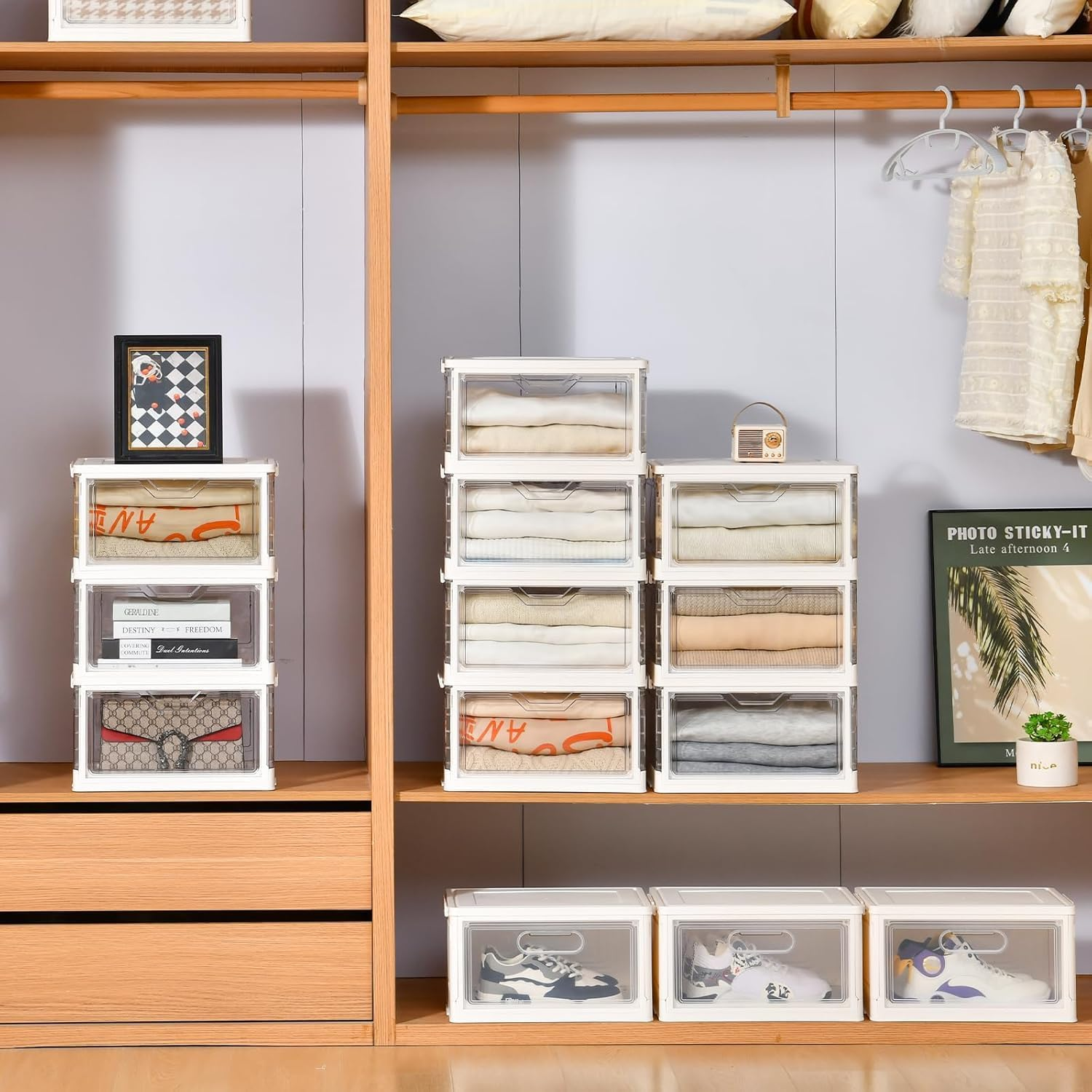 Stackable Plastic Storage Bins with Lids, Foldable Closet Organizers and Storage, 2 Drawer Storage Organizer，Clear Stackable Containers for Wardrobe,Bedroom,Office,Dorm (2 Tier-2Lids) image number 3