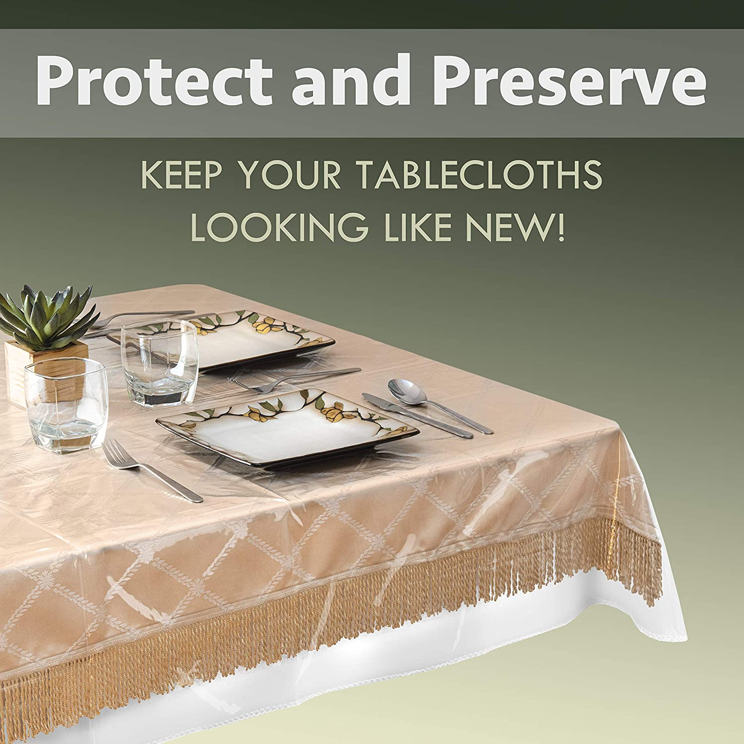 Elaine Karen Clear Tablecloth Protector Deluxe Collection 100% Waterproof Crystal Plastic Table Cover, Heavy Duty Vinyl, 60&rdquo; X 108&rdquo; Oblong image number 2