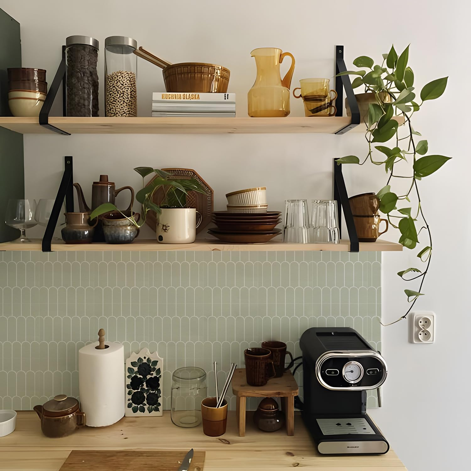 Alwayspon Tile Sticker, Sage Green Brick Self Adhesive Stick on Tiles Transfer Sticker for Bathroom Kitchen, Splashback, Peel and Stick Vinyl Floor Wall Tiles Sticker, 10Pcsx20Cm/8Inch