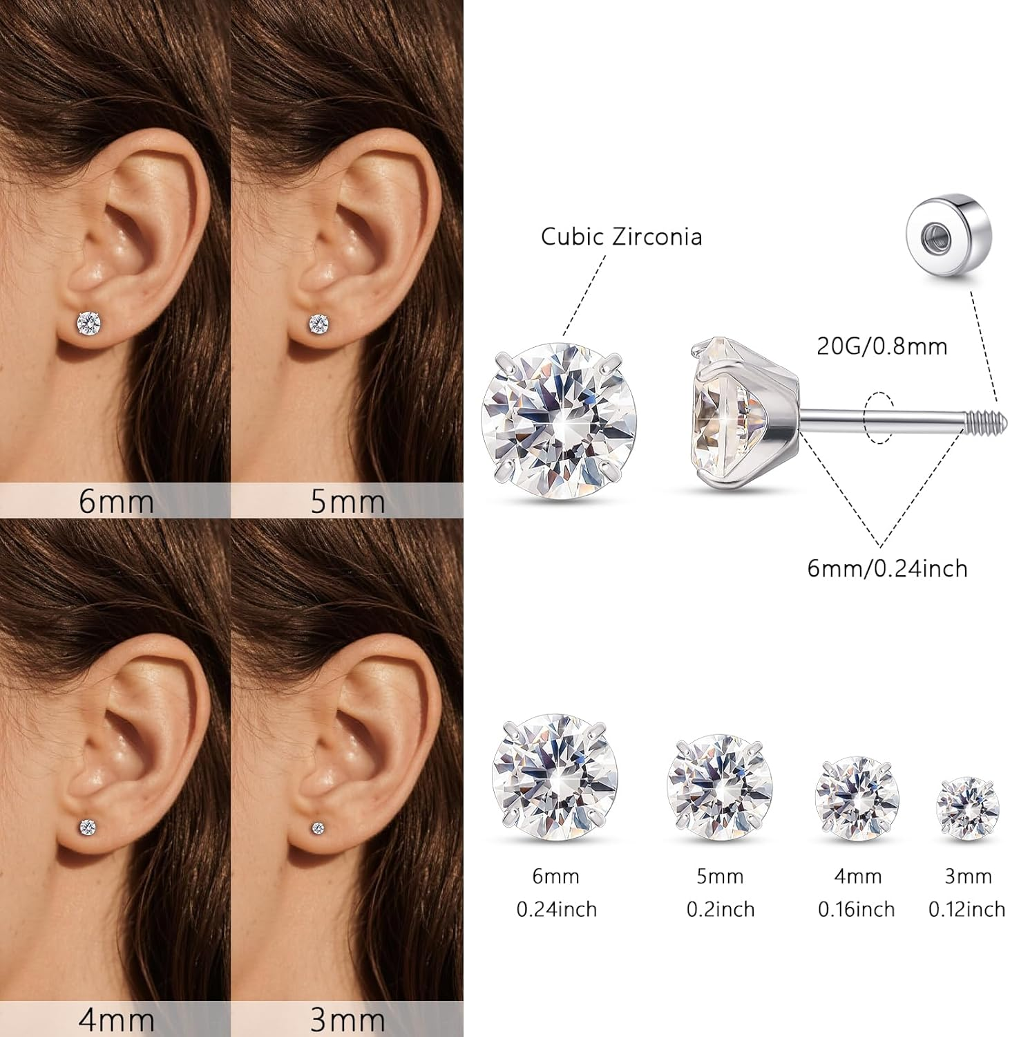 Limerencia F136 Hypoallergenic Titanium Earrings 20G CZ Studs Set, Flat Back Earrings Cartilage Helix G23 Piercing Post of 4 Pairs 3-6Mm Screw Back Earrings for Women Girls
