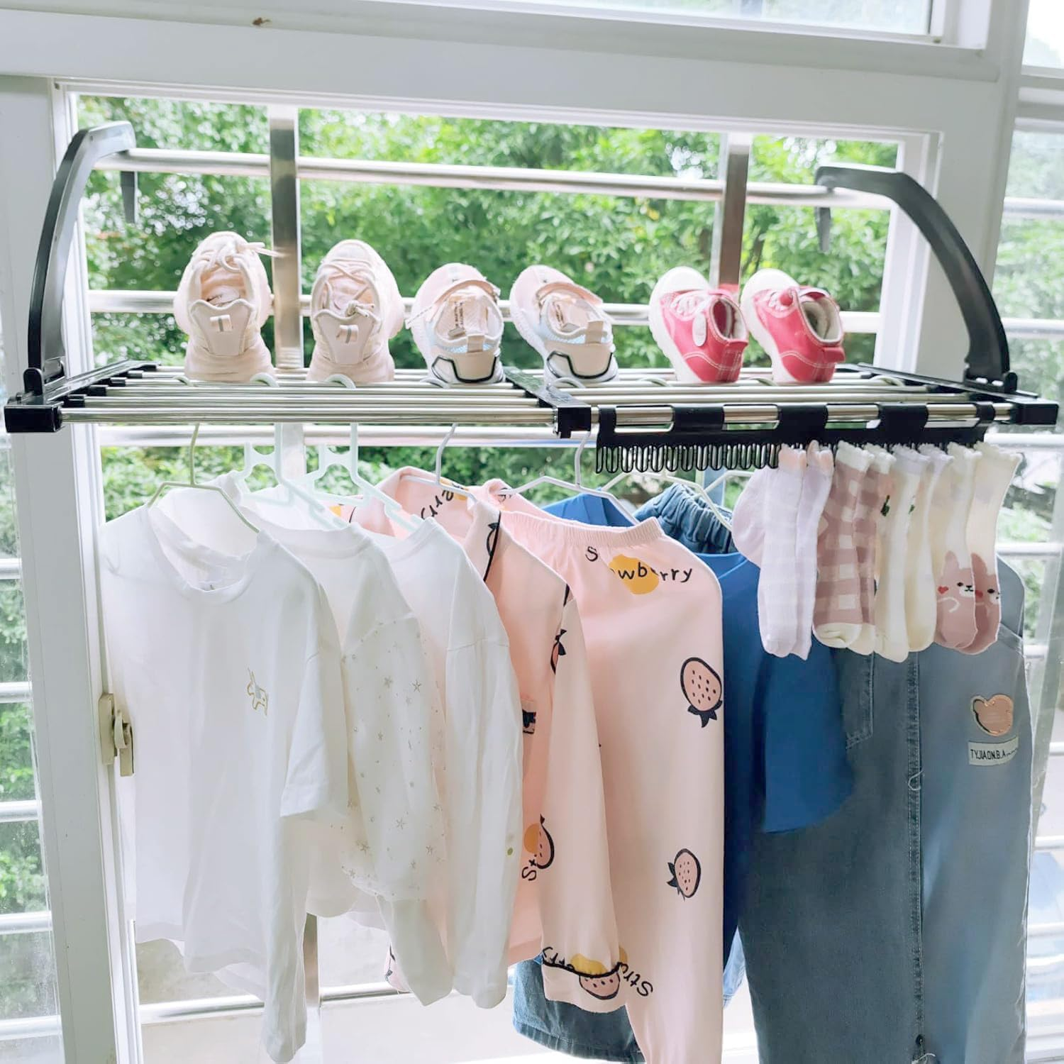 Portable Clothes Drying Rack for Balcony, Foldable Railings Windowsill, Retractable Radiator Clothes Airer,Folding Towel Rack Indoor Outdoor Travel RV Laundry Rack with Sock Clips for Drying Socks image number 6