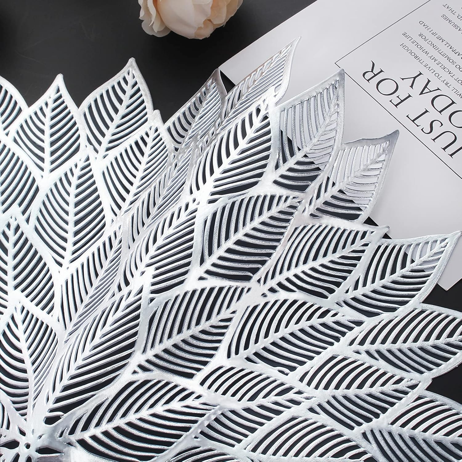 Placemats Set of 6, round Hollow Out Flowers Place Mats for Dining Table Pressed Vinyl Blooming Leaf Table Mats for Holiday Party Wedding Accent Centerpiece Dinner Table Decoration (Silver)