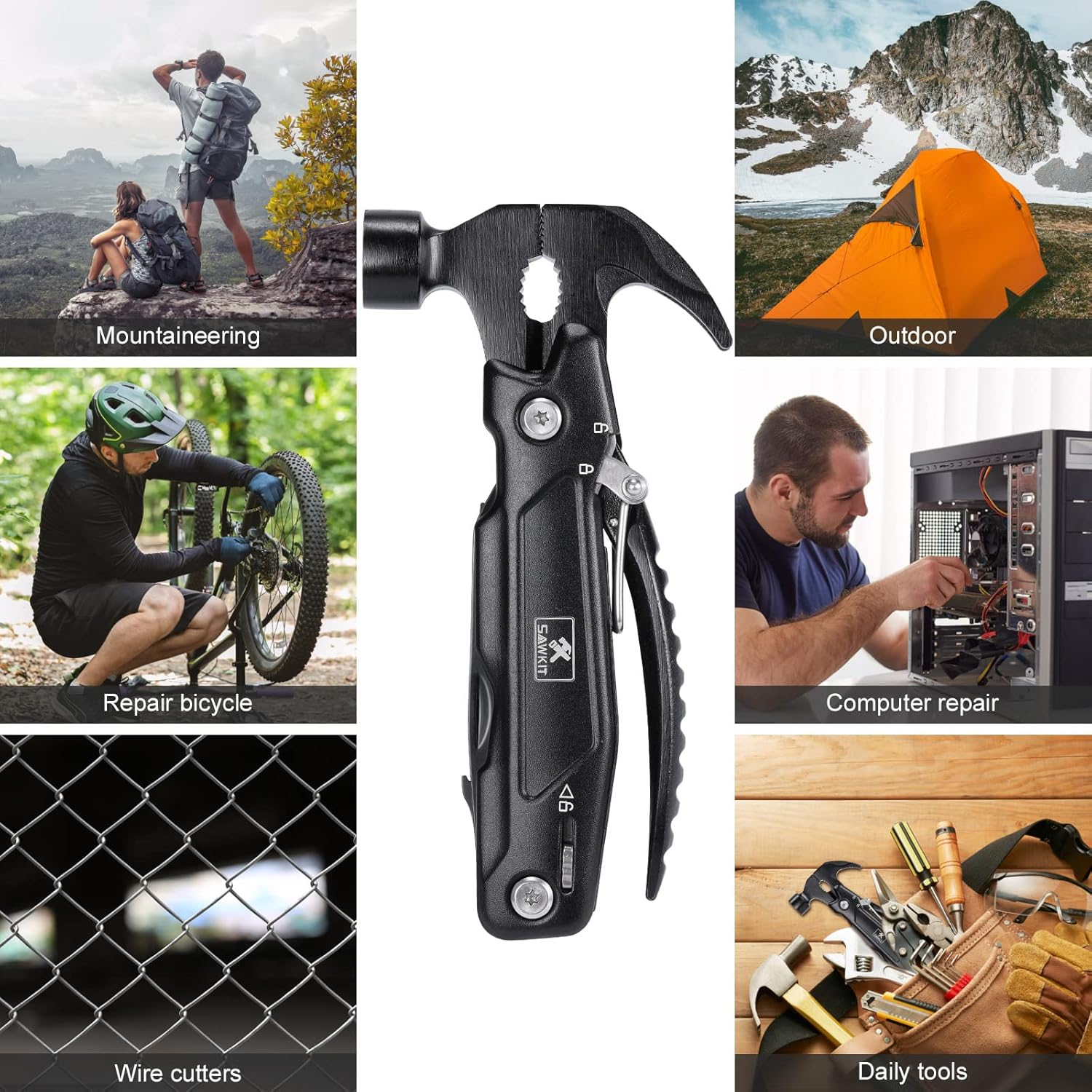 SAWKIT Multi-Tool Pliers Multi-Functional 15 in 1 Mini Hammer Camping Gear Survival Tool for Men, DIY Handyman, Father/Dad, Husband, Boyfriend, Women, All in One Survival Tools Small Hammer Multitool