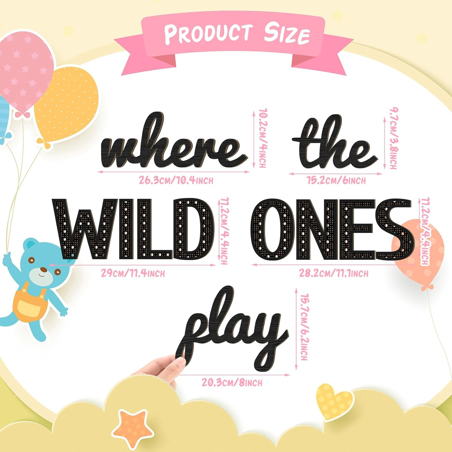 Beeveer Where the Wild Ones Play Nursery Sign Wooden Playroom Wall Decor Playroom Decoration Word Play Sign for Wall Plaques(23 Inch,Black) image number 2