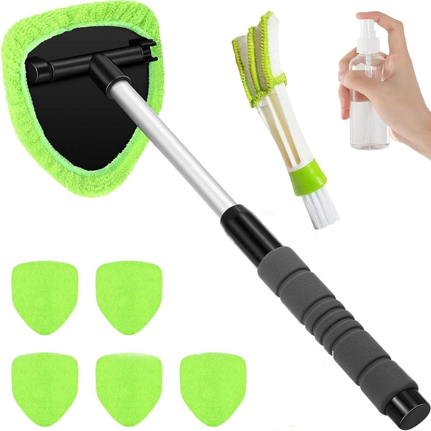 Tourgoing Windshield Cleaning Tool, Extendable Windshield Cleaner with 6 Washable Pads & 1 Spray Bottle, Interior & Exterior Windshield Wiper Tool for Car, SUV, Truck, RV (Green)