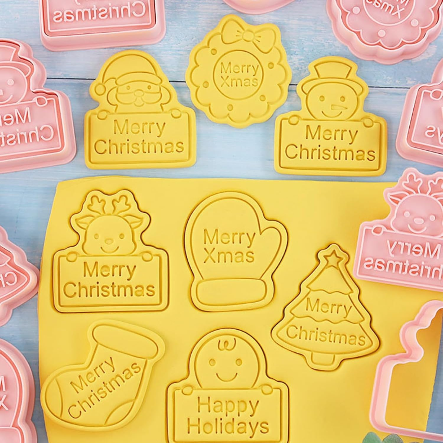 Christmas Cookie Cutters, 8Pcs 3D Pressable Christmas Cookie Stamps Set- Gingerbread Man, Christmas Tree, Snowman,Santa,Garland,Elk,Gloves,Socks,Merry Christmas image number 3