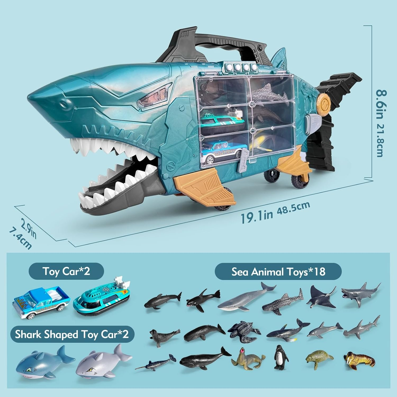 Shark Toys with Led, Music Ocean Animals Toys, Shark Truck Toys with 2Pcs Toy Trucks, 2Pcs Shark Cars,18Pcs Sea Animal Toys for 3+ Year Old Kids image number 5