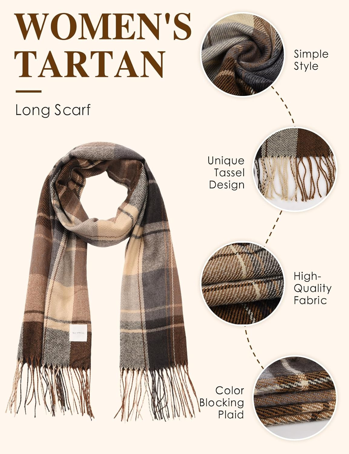 Heekpek Women'S Checked Oversized Cashmere Scarf Long Winter Scarf Soft Wraps Large Checked Fringe Scarf Warm Scarf for Autumn Winter image number 2